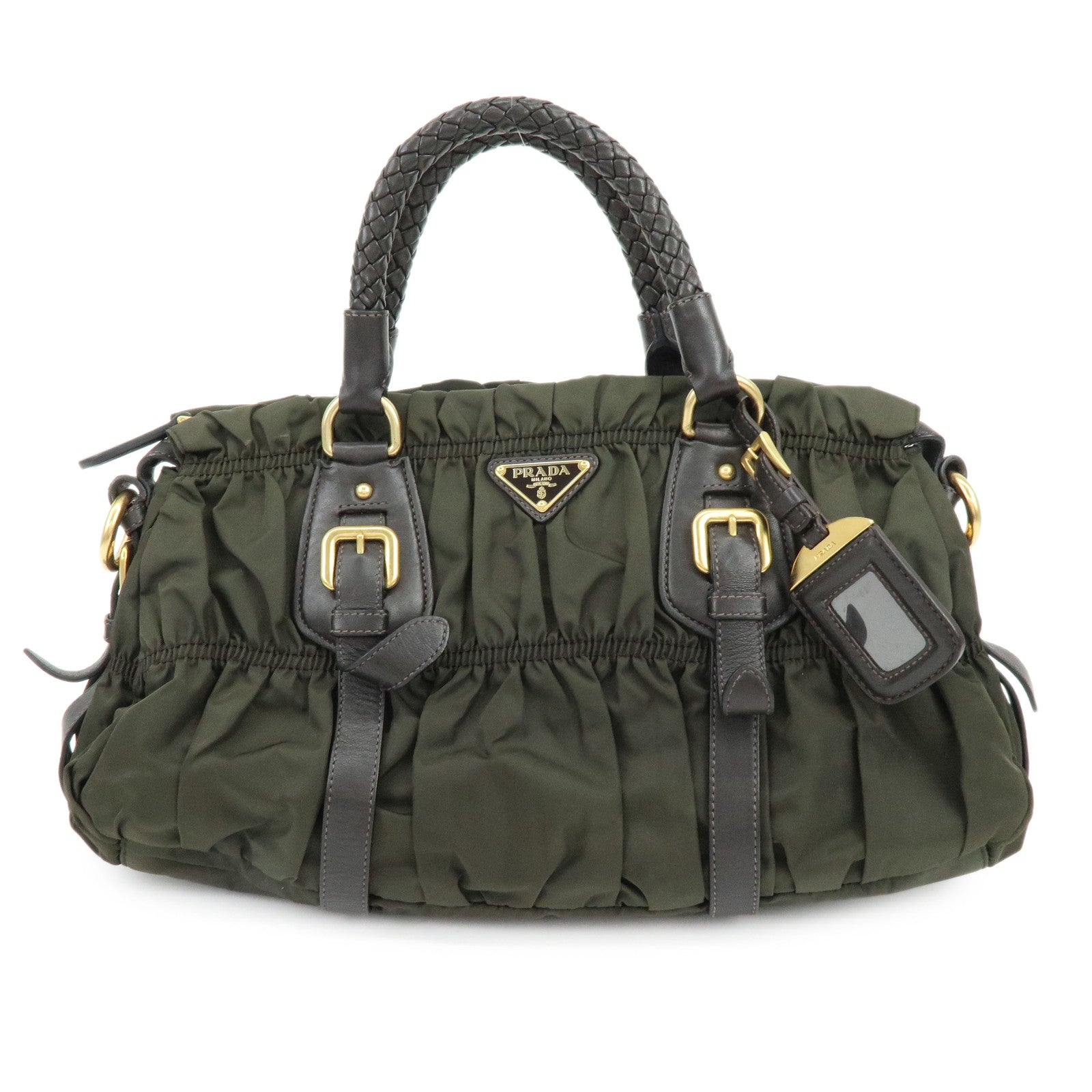 PRADA Triangle Logo Gathered Nylon Leather 2Way Bag Hand Bag BN1407