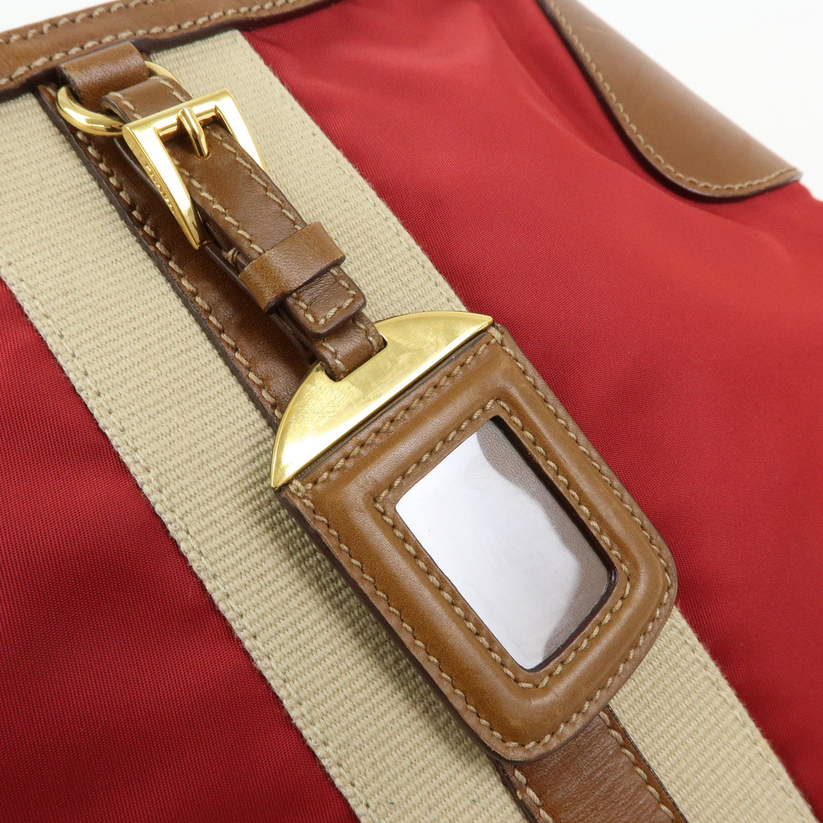 PRADA Triangle Logo Nylon Leather Shoulder Bag Red Beige Brown