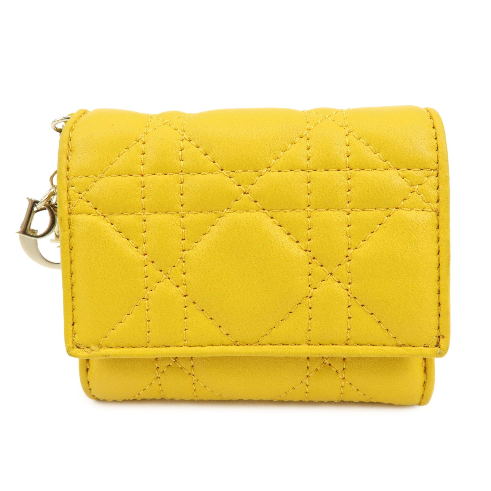 Christian Dior Lady Dior Cannage Leather Lotus Compact Wallet Yellow