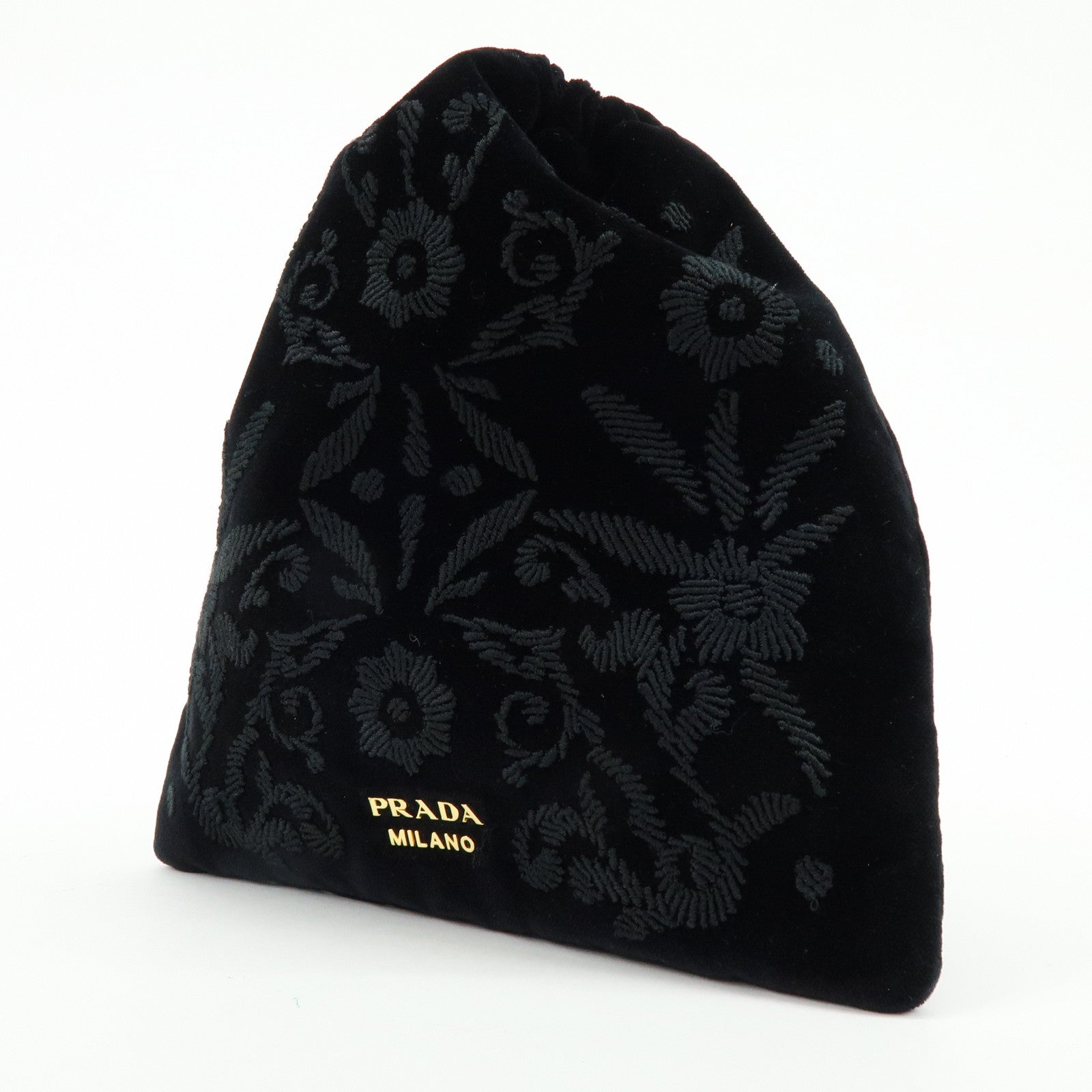 PRADA Logo Velvet Leather Drawstring Pouch Embroidery Black 1MU001