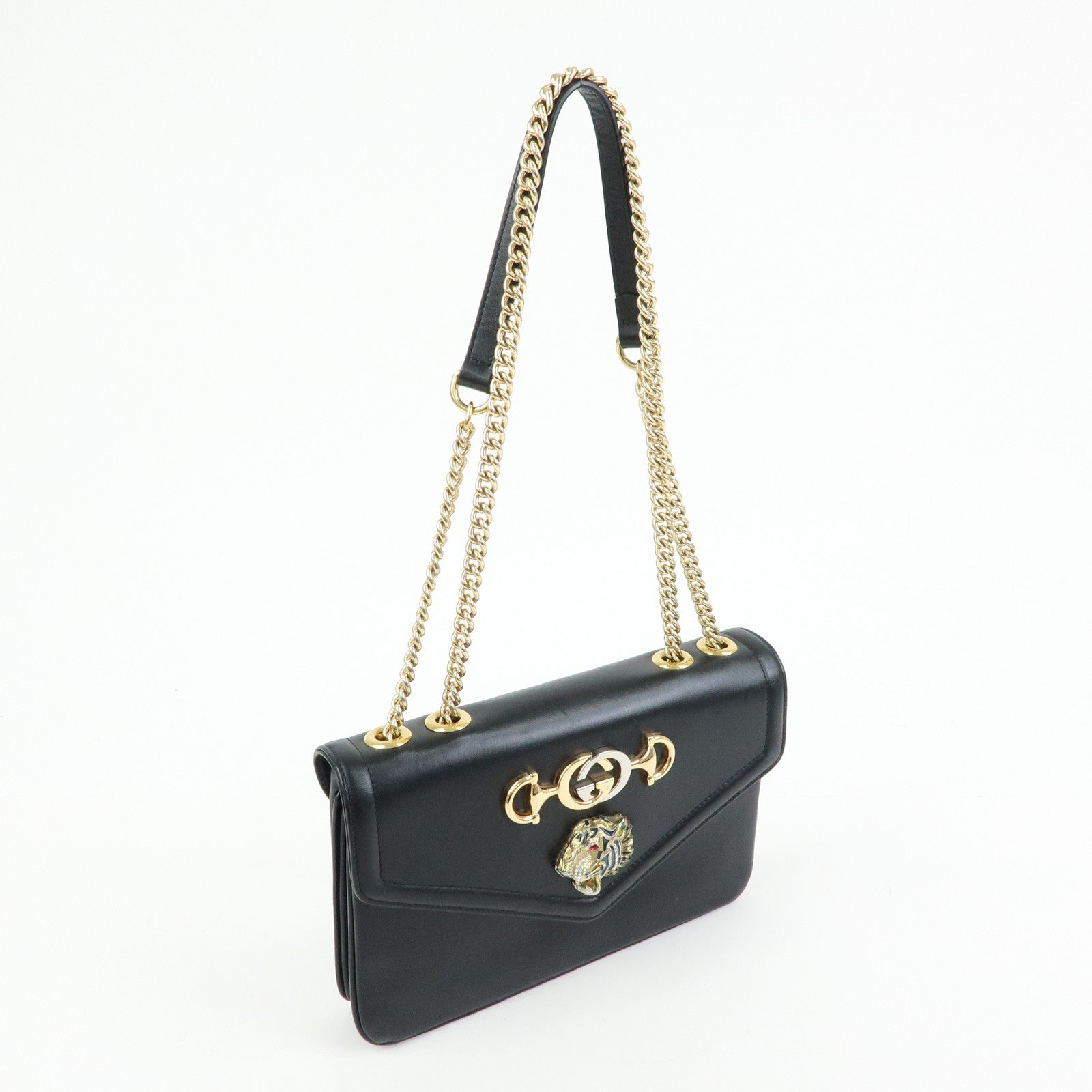 GUCCI Rajah Tiger Head Leather Chain Shoulder Bag Black 537241