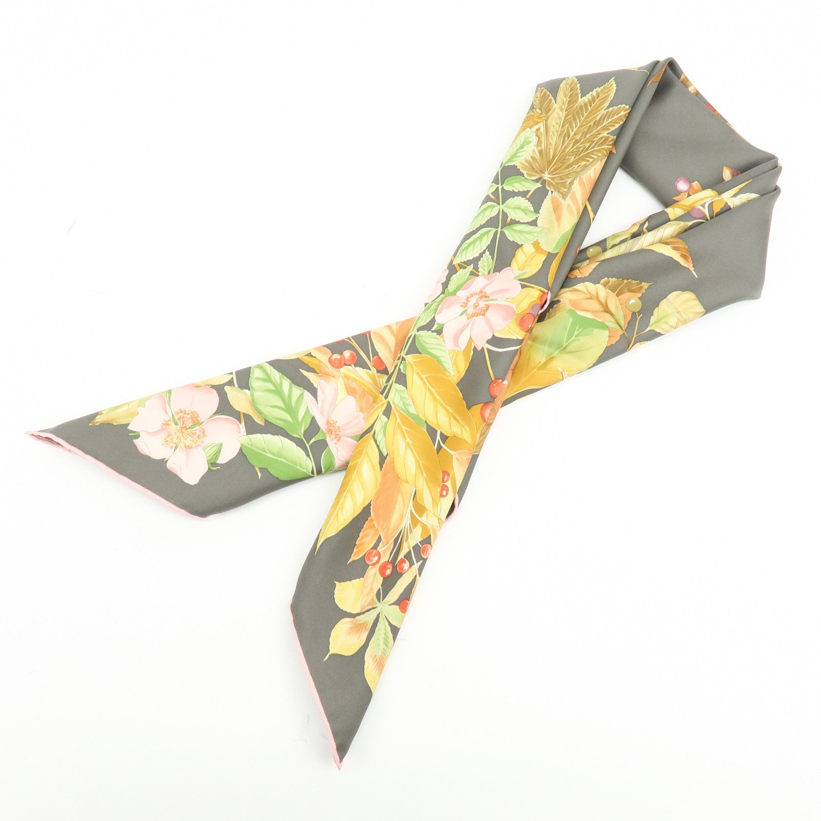 Ferragamo Silk100% Flower Print Scarf Shawl Gray Pink