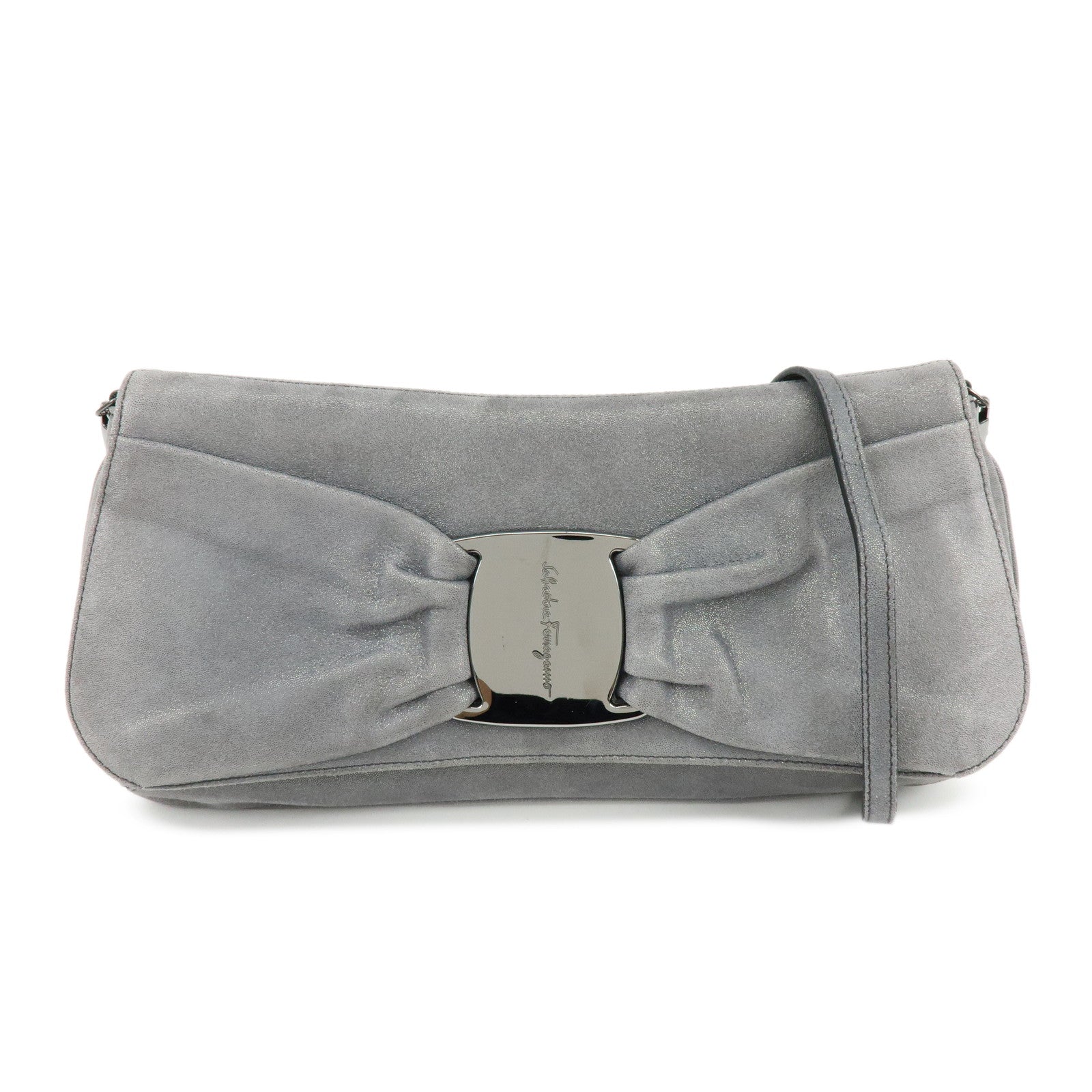 Ferragamo Vara Ribbon Leather Shoulder Bag Clutch Bag Metallic Gray