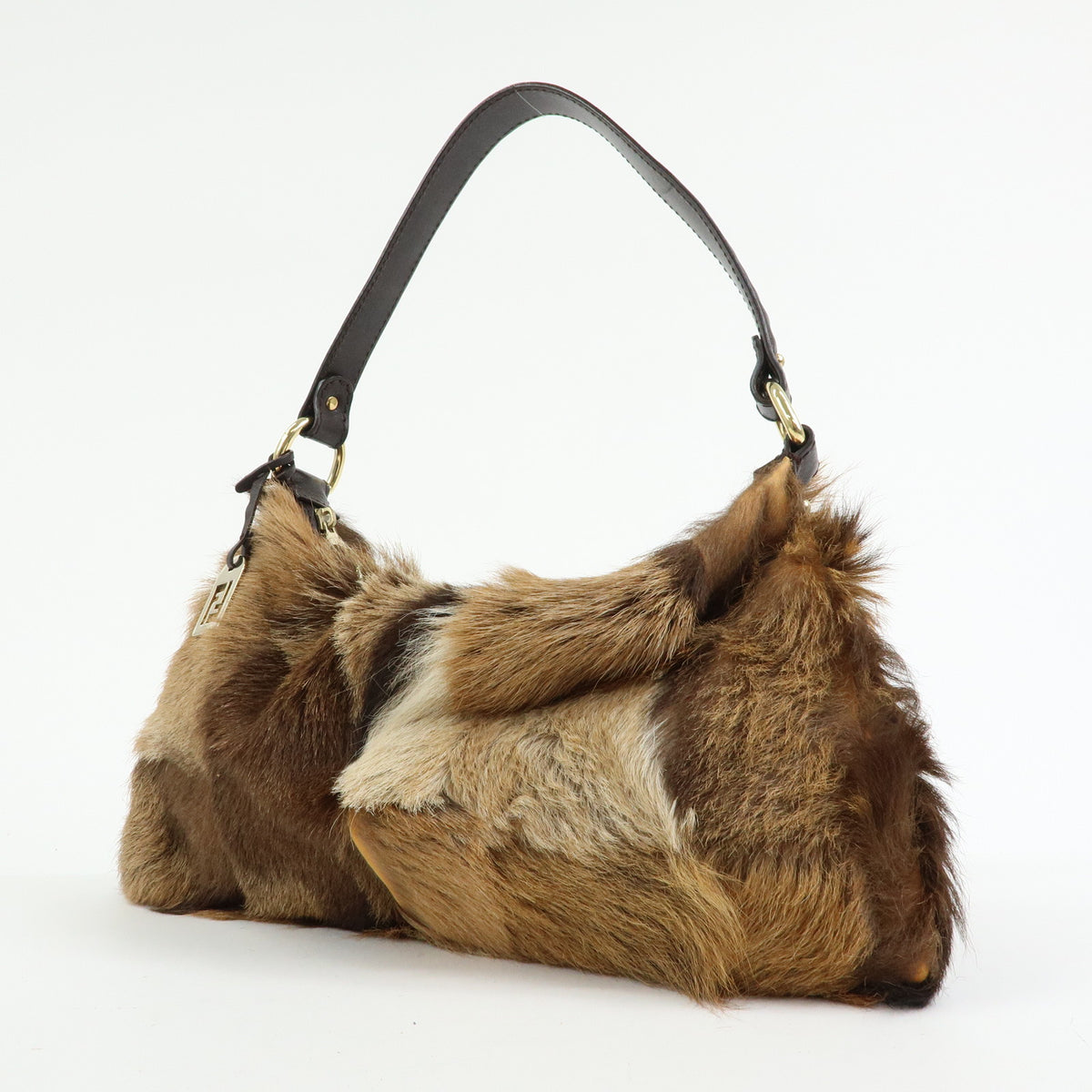 FENDI Fur Leather Shoulder Bag Hand Bag Brown 8BR349