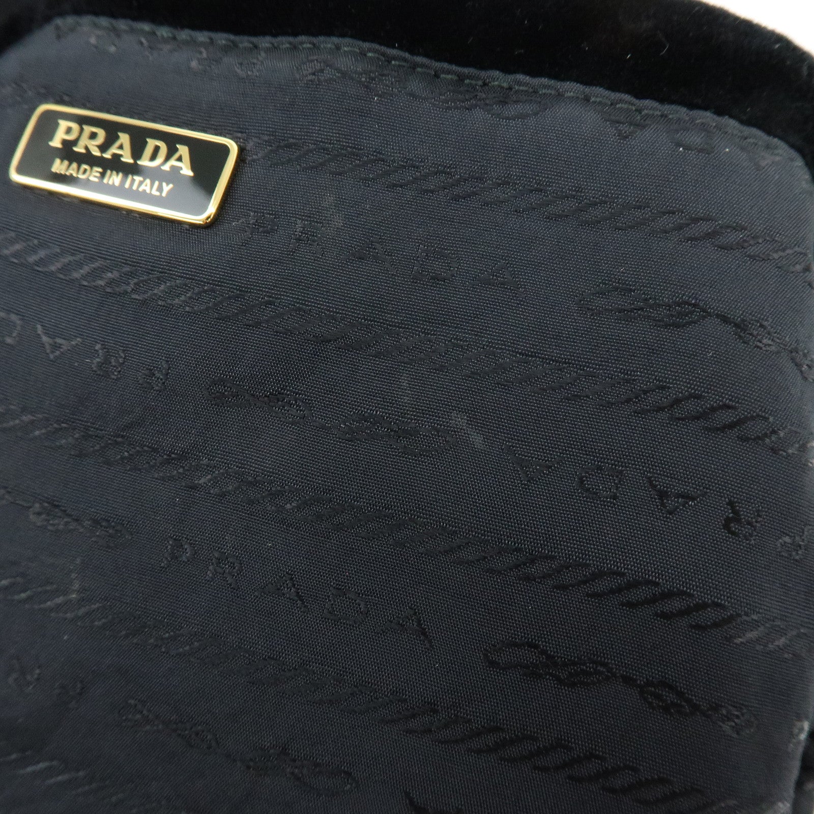 PRADA Logo Velvet Leather Drawstring Pouch Embroidery Black 1MU001