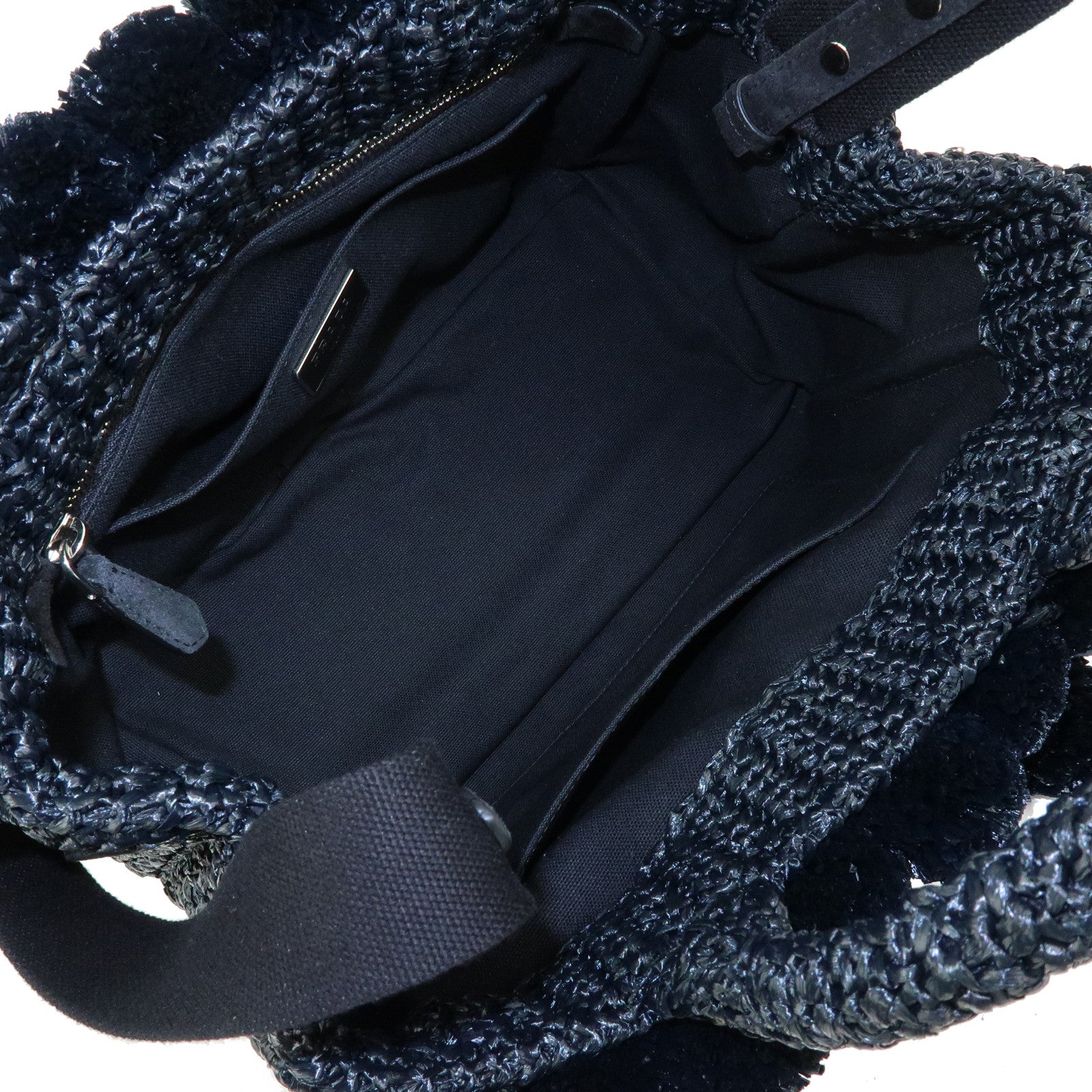 PRADA Triangle Logo Canapa Raffia Pon Pon 2Way Shoulder Tote Bag Black