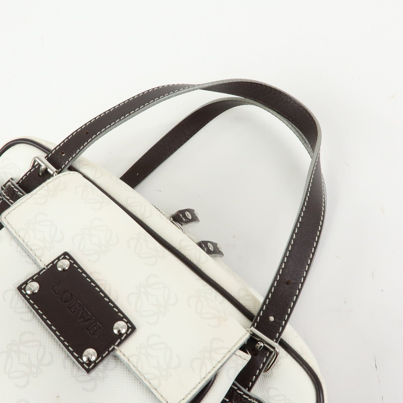 LOEWE Anagram PVC Leather Hand Bag Boston Bag White Dark Brown