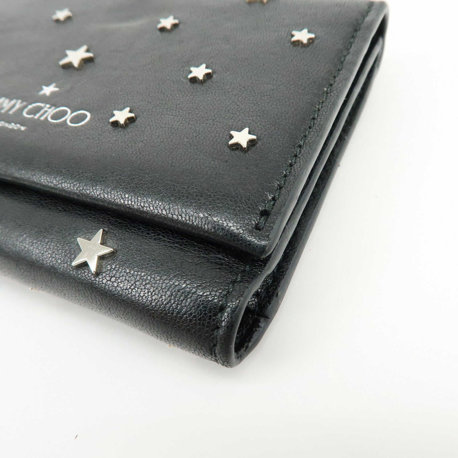 Jimmy Choo Leather Tri-fold Chain Wallet Studs Stars Black