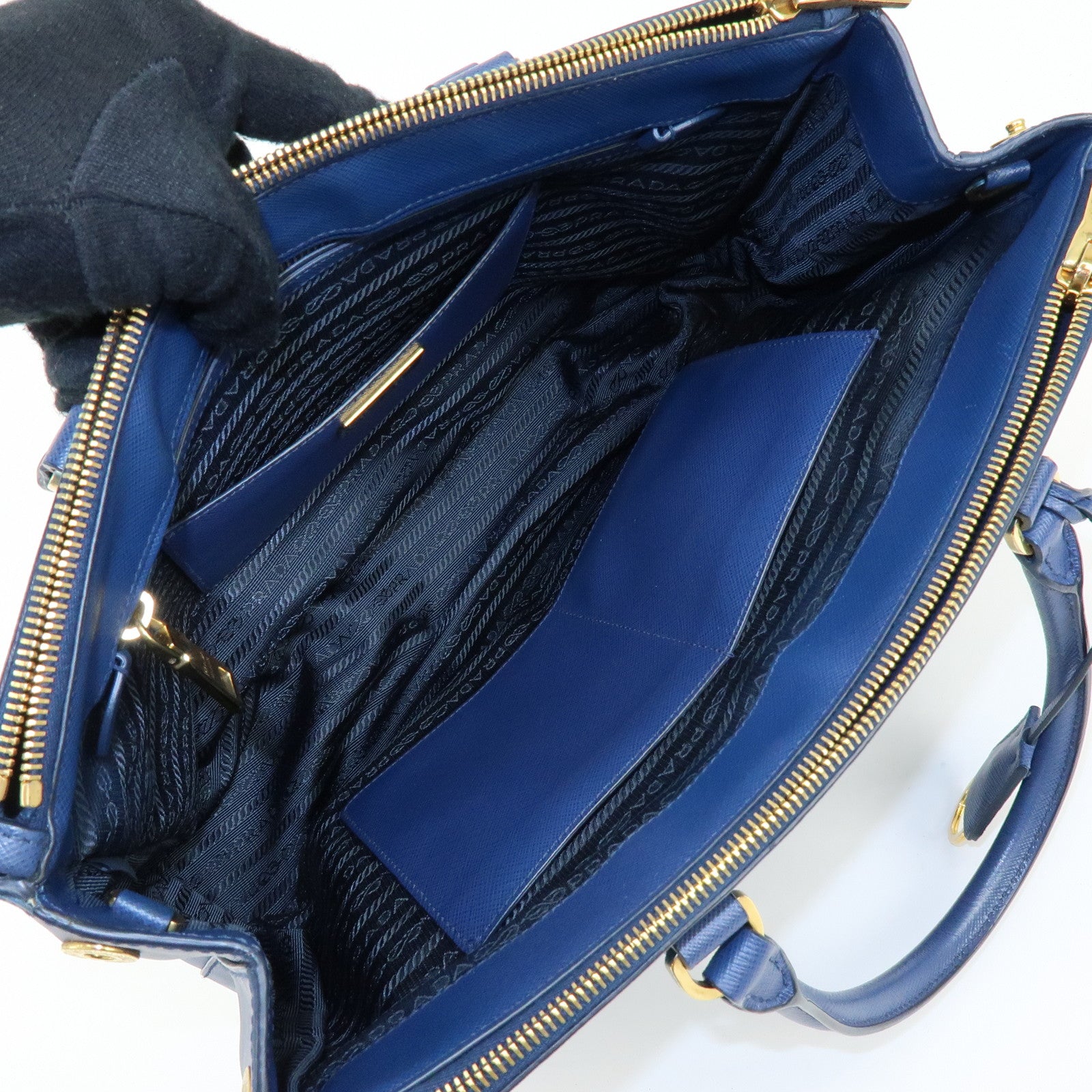 PRADA Galleria Triangle Log Saffiano Leather 2Way Hand Bag Blue BN2274
