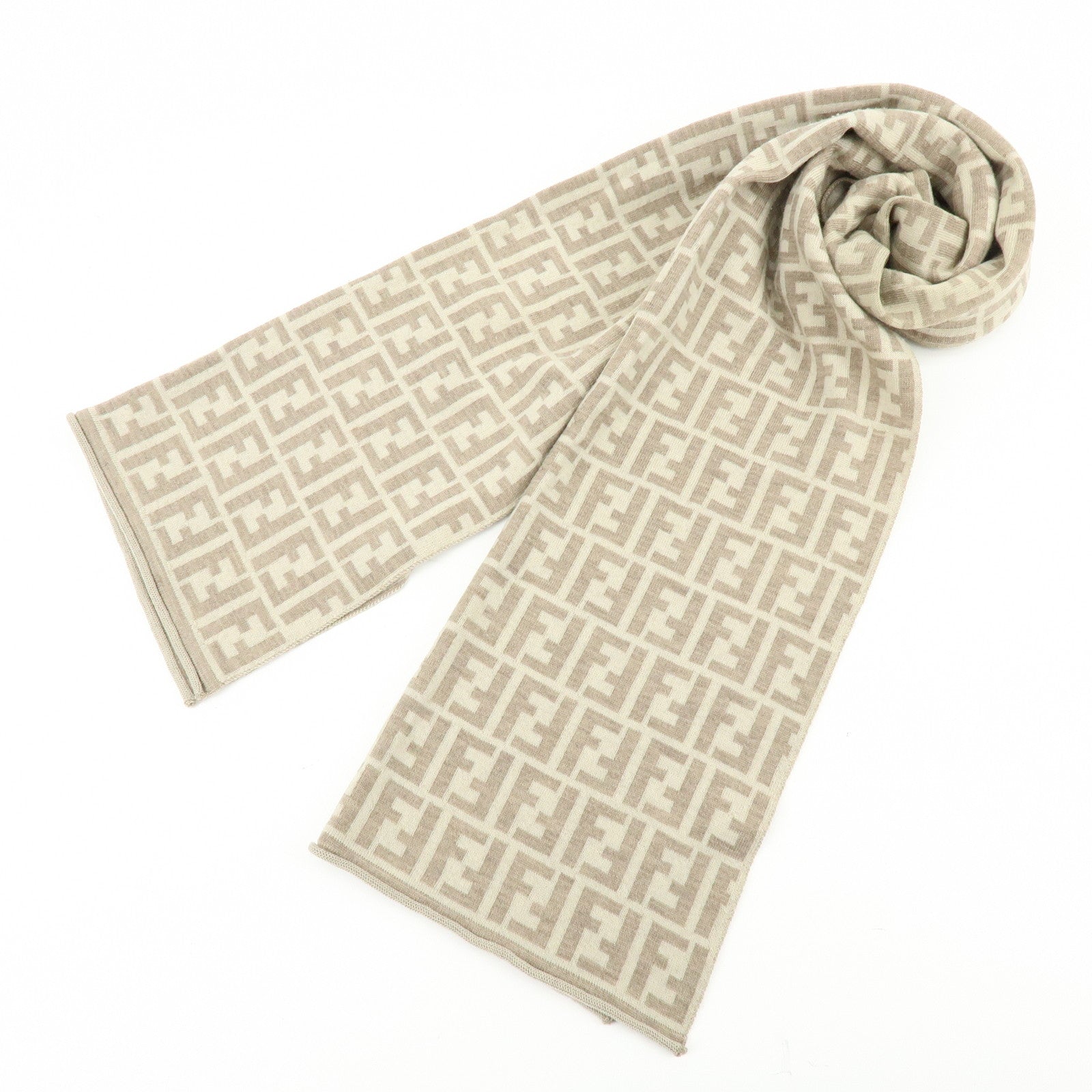 FENDI Zucca FF Logo Wool100% Scarf Stole Beige Ivory
