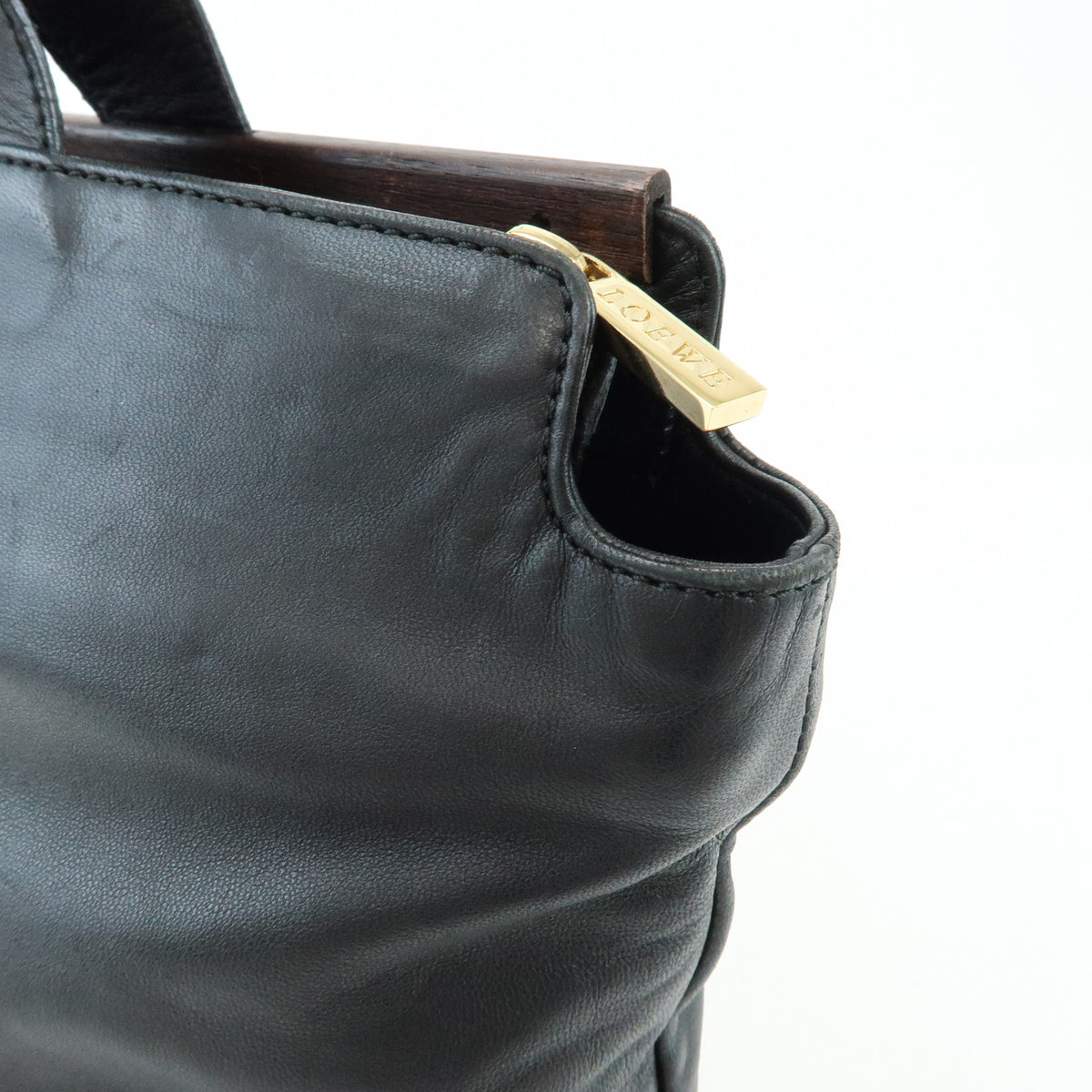 LOEWE Nappa Leather Wood Hand Bag Tote Bag Black Brown