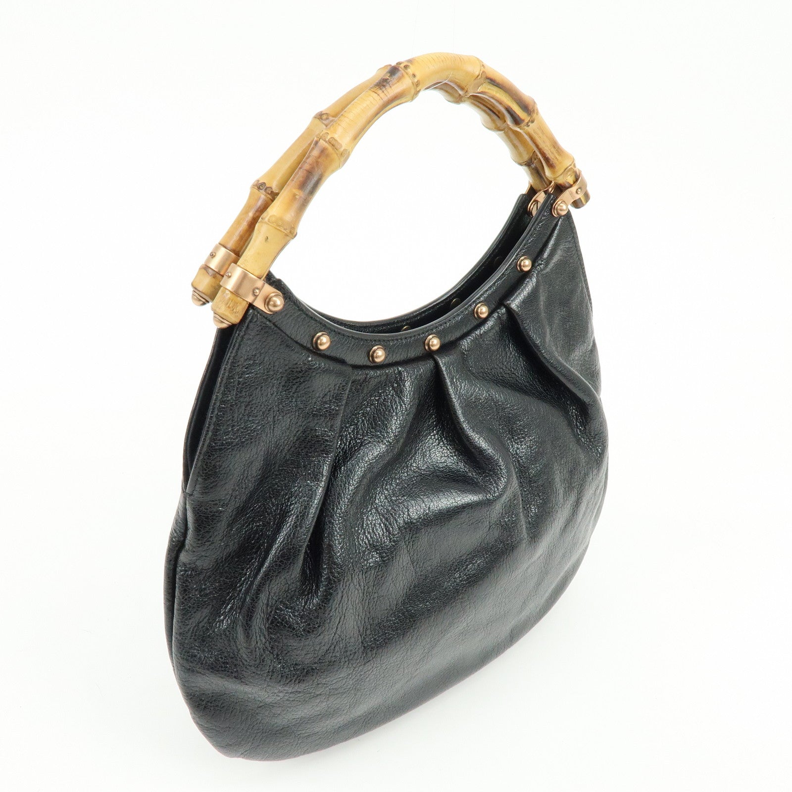GUCCI Bamboo Leather Studs Hand Bag Tote Bag Black