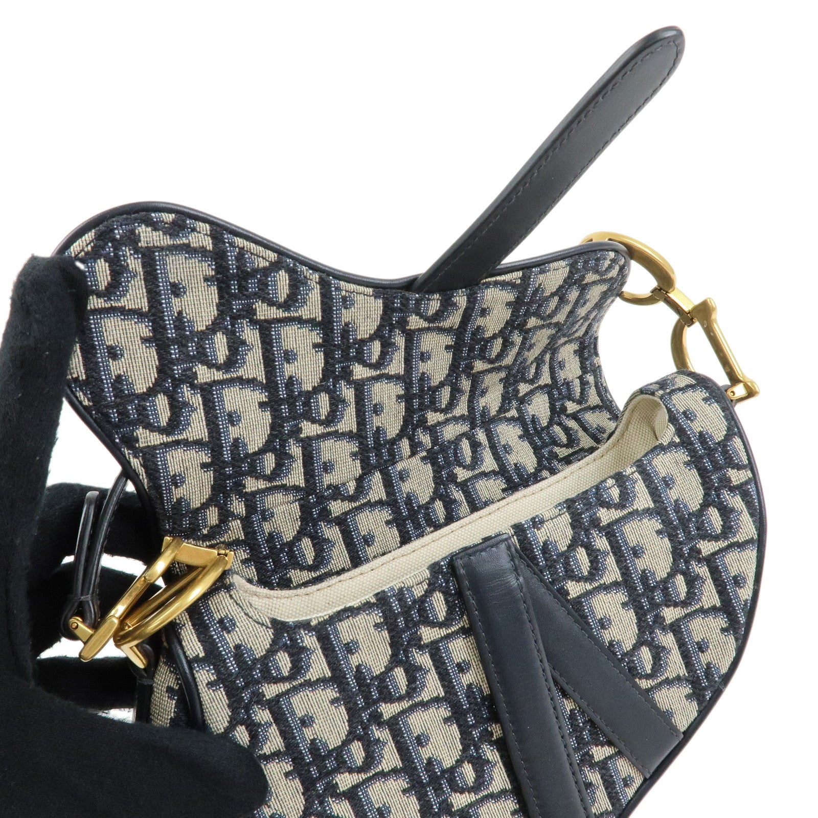 Christian Dior Saddle Bag Oblique Mini Jaquard Leather 2Way Bag Navy