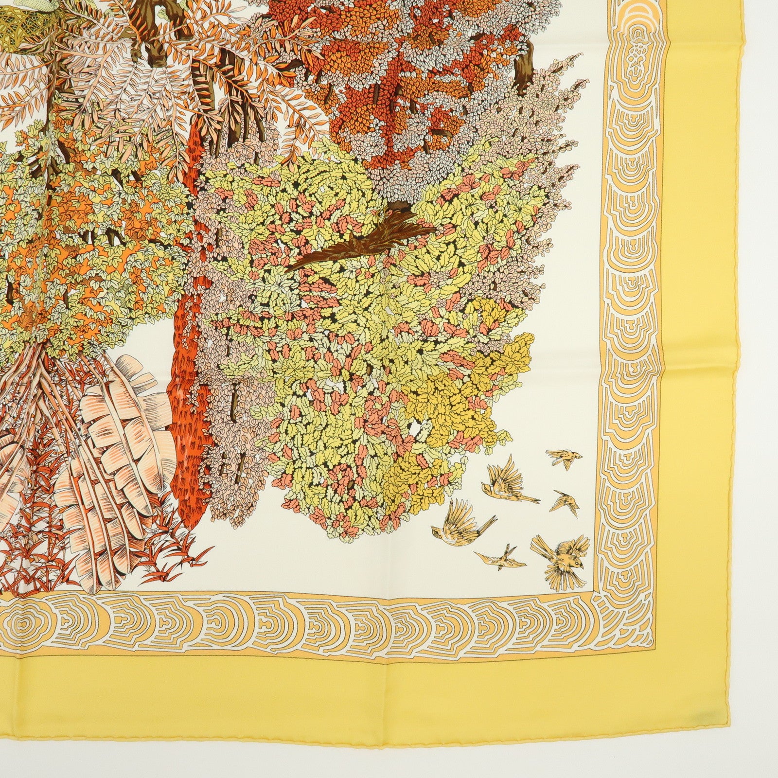 HERMES Carre 90 Silk 100% Scarf LES LEJENDES DE L'ARBRE Yellow Brown