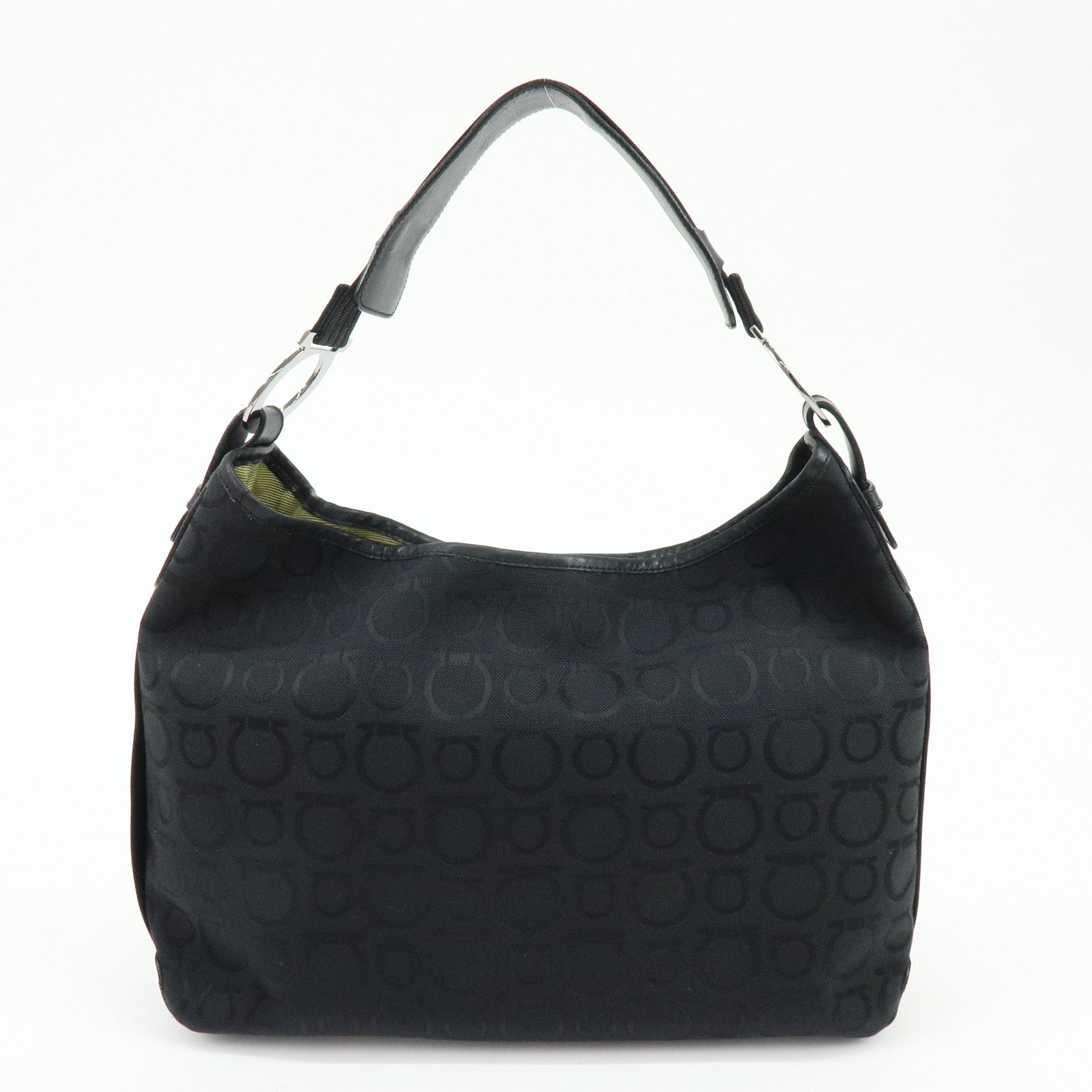 Ferragamo Gancini Canvas Leather Shoulder Bag Hand Bag Black