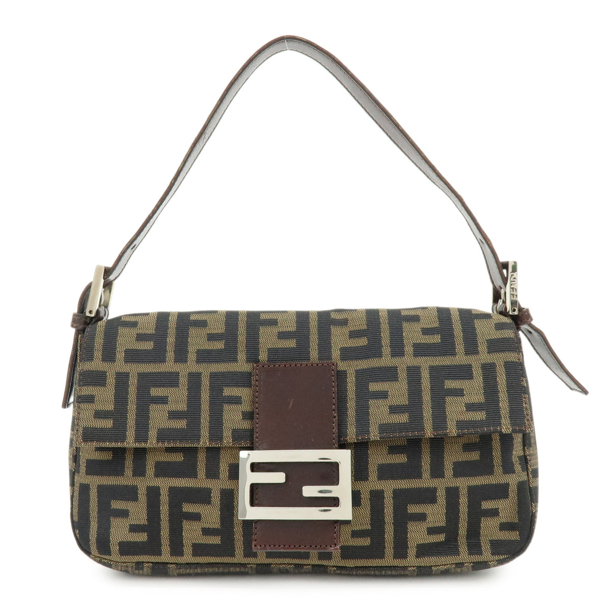 FENDI Mamma Baguette Jacquard Canvas Leather Shoulder Bag Brown 26424