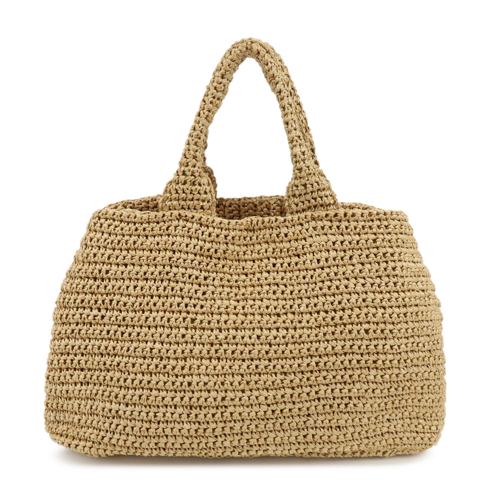 PRADA Triangle Logo Raffia Tote Bag Hand Bag Shoulder Bag Beige