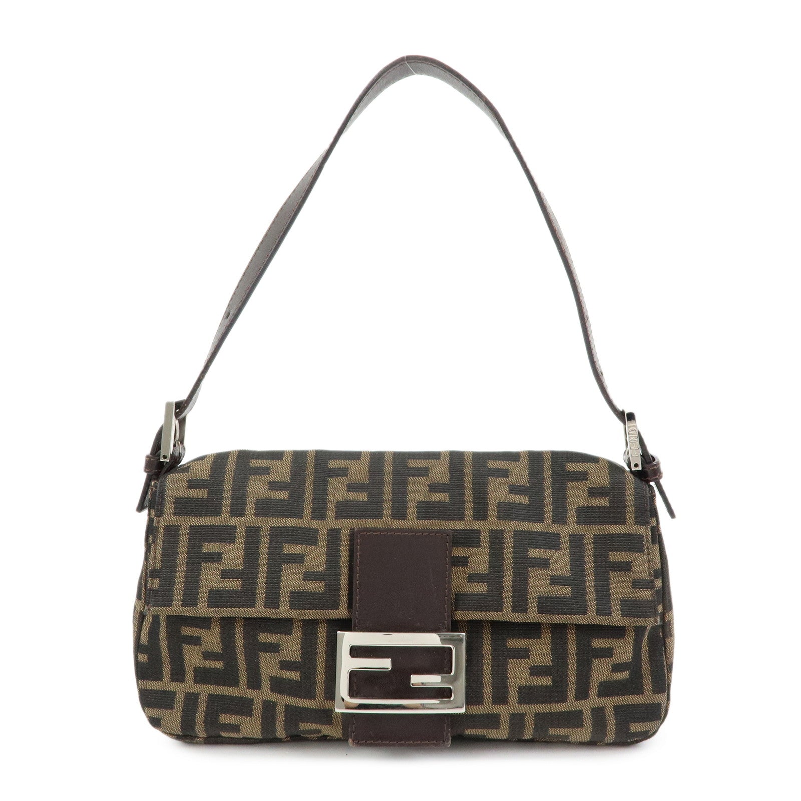 FENDI Mamma Baguette Zucca Canvas Leather Shoulder Bag Brown 26424