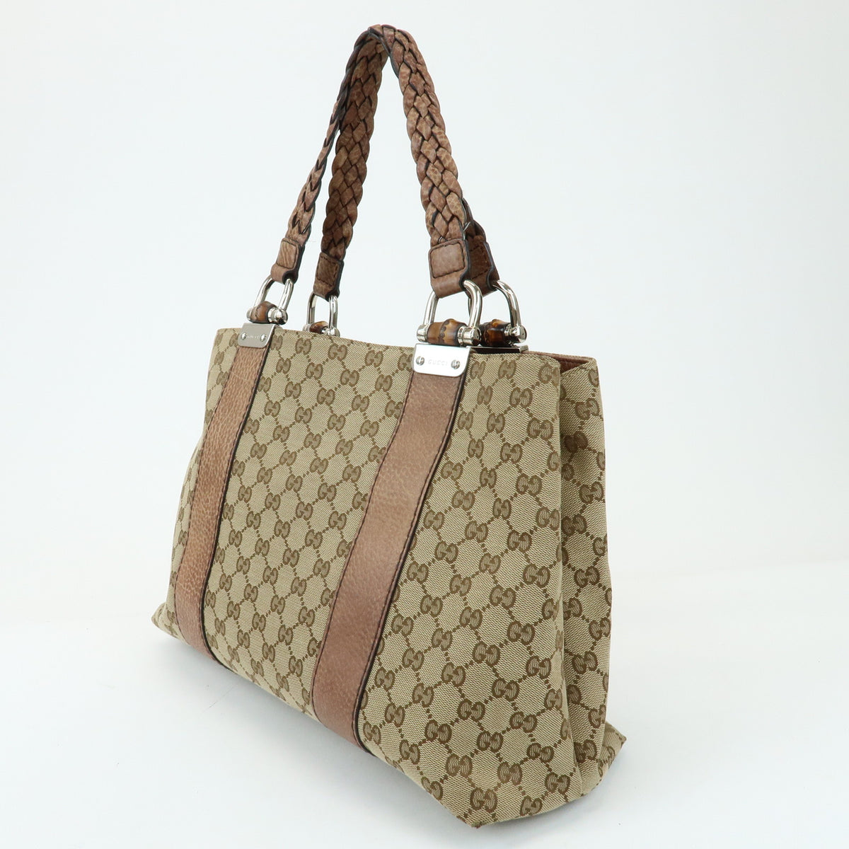 GUCCI Bamboo GG Canvas Leather Tote Bag Beige Brown 232947