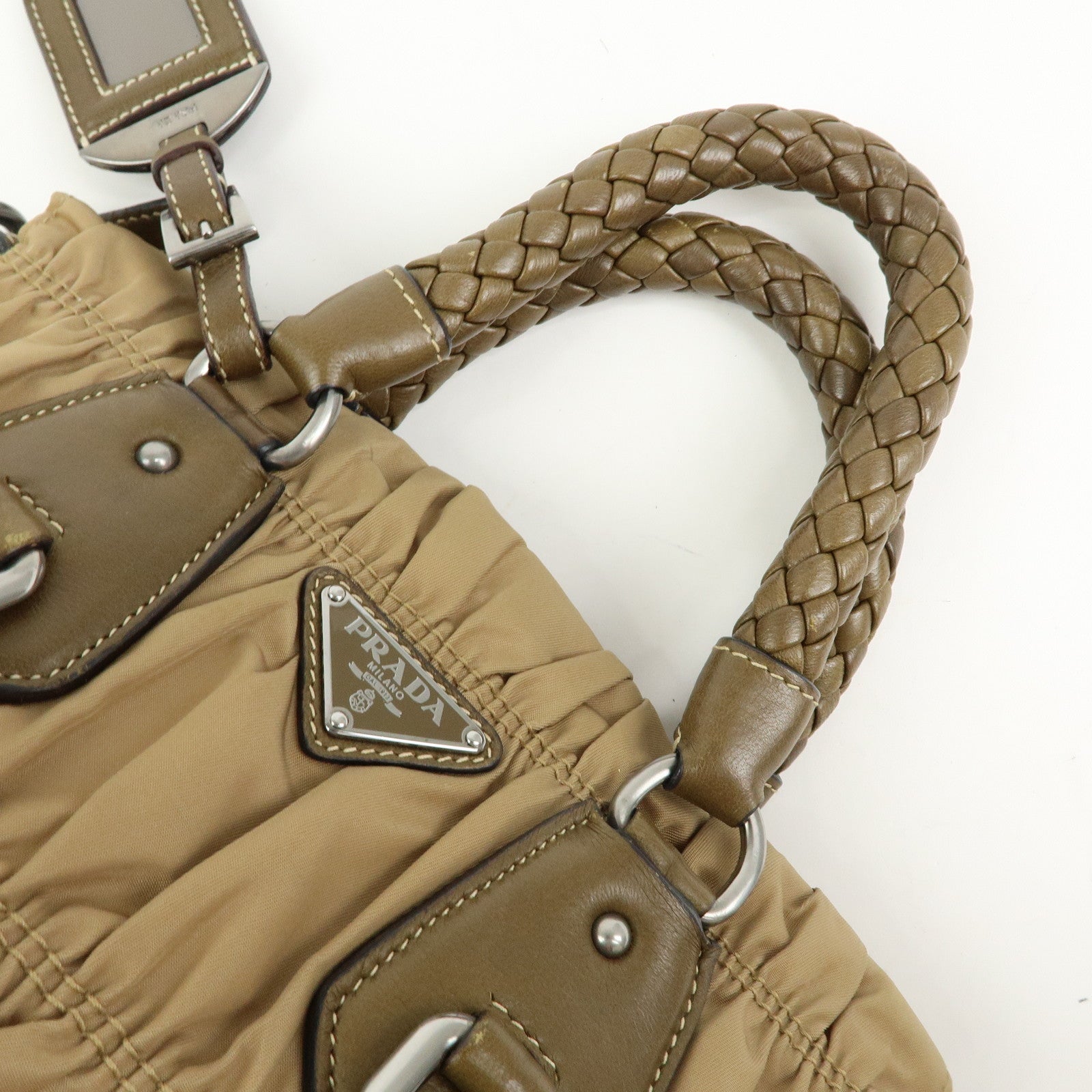 PRADA Triangle Logo Nylon Leather Tessuto Gaufre Hand Bag Brown