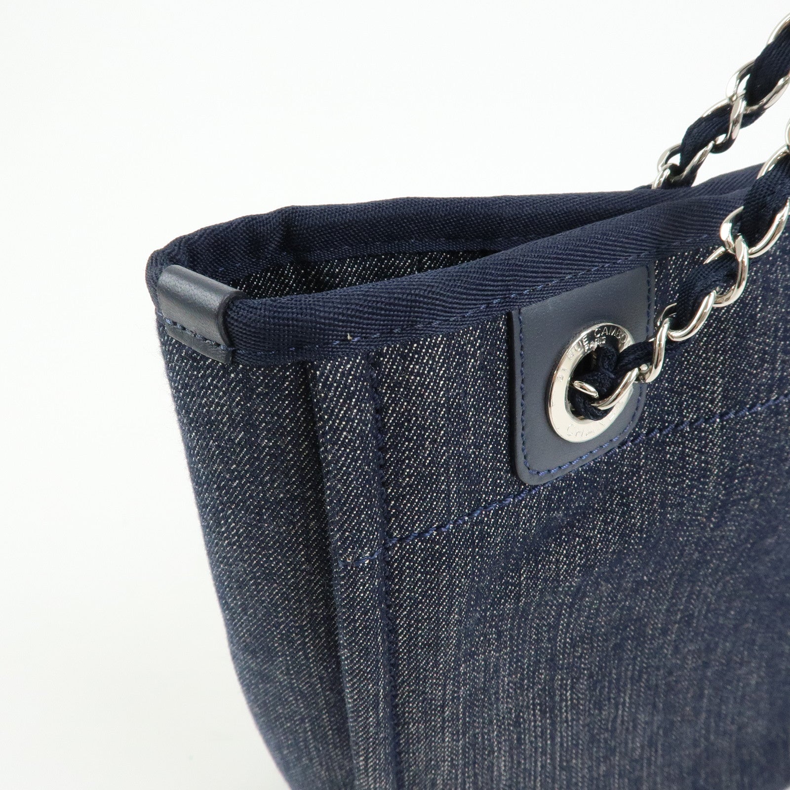 CHANEL Deauville PM Denim Calf Leather Chain Tote Bag Indigo A66939
