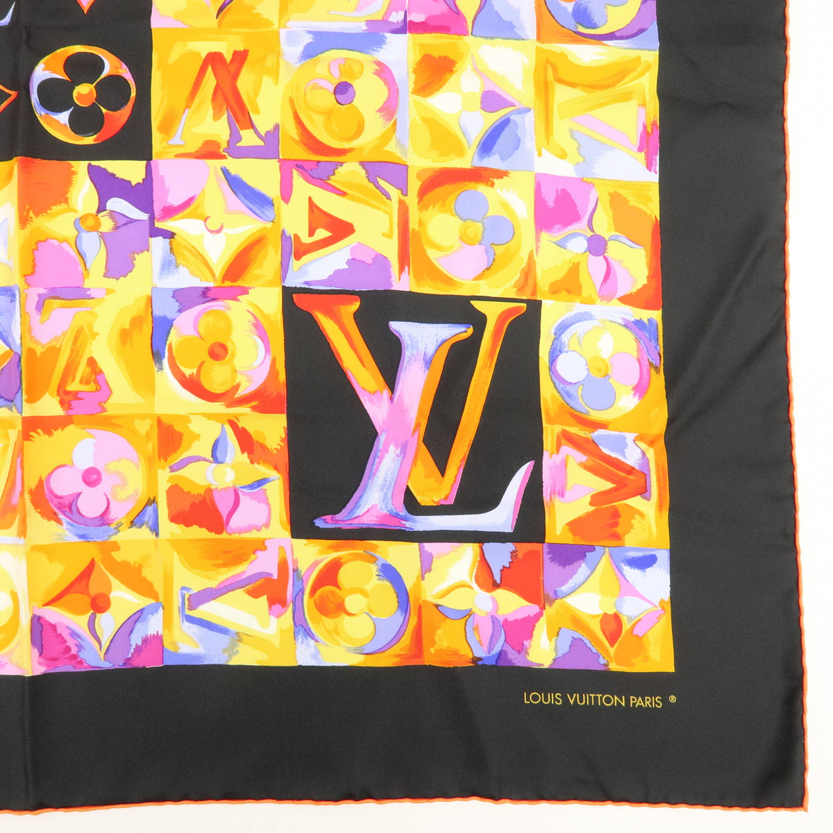 Louis Vuitton Monogram Carre 90 Silk 100% Scarf Au Fil Du Temps black