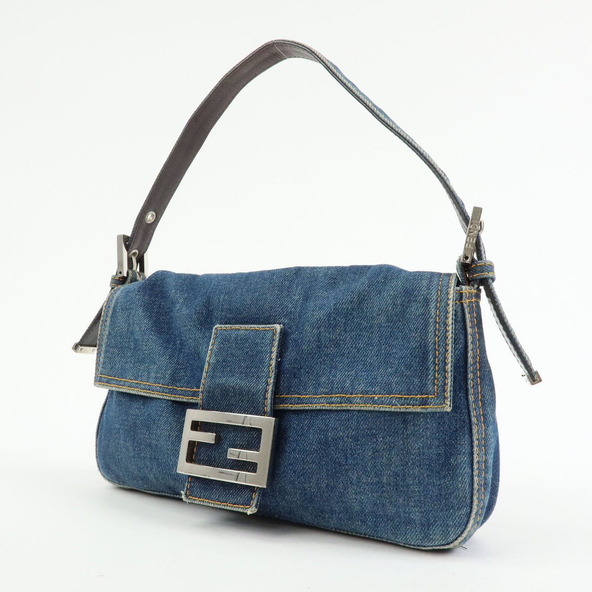 FENDI Mamma Baguette Denim Leather Shoulder Bag Blue 26424