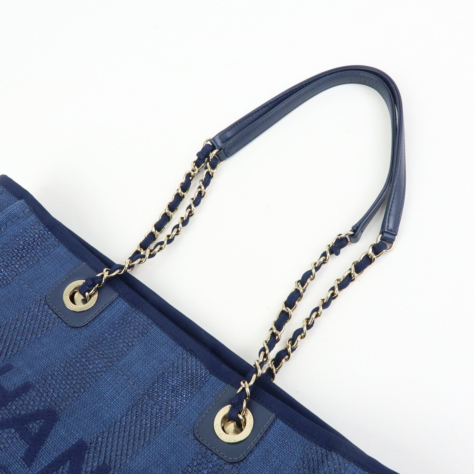 CHANEL Deauville MM Canvas Leather Tote Chain Shoulder Bag  A67001