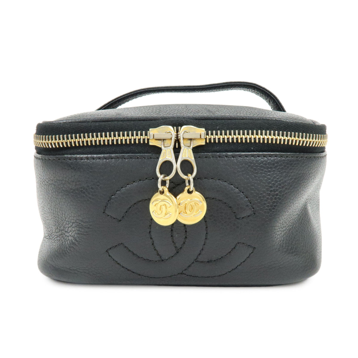 CHANEL COCO Mark Caviarskin Cosmetic Pouch Makeup Case Black