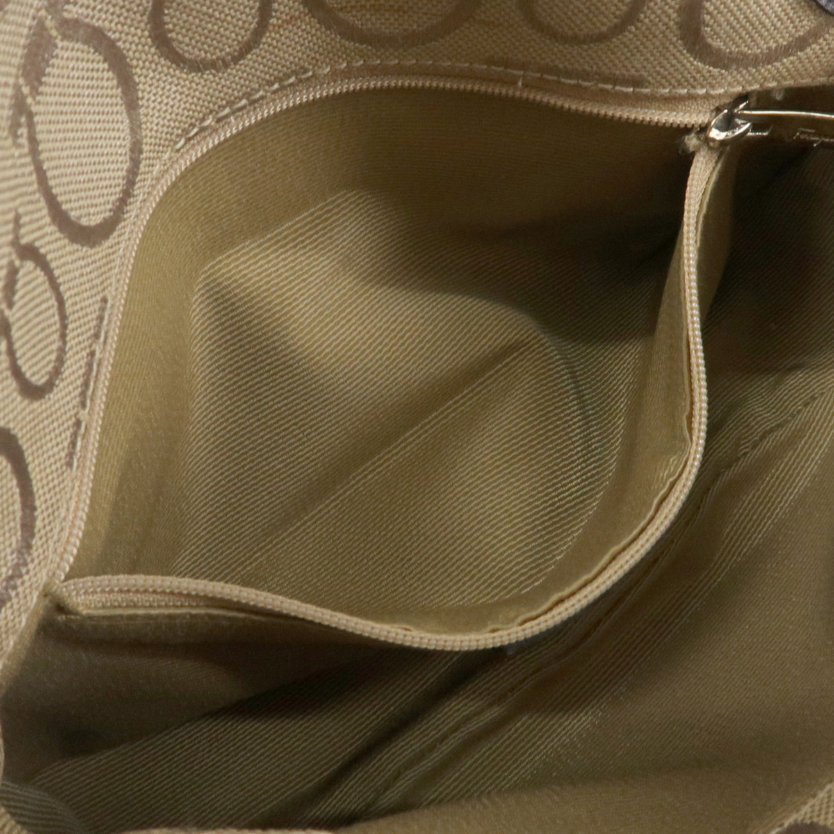 Ferragamo Gancini Jacquard Canvas Leather Hand Bag Beige Brown