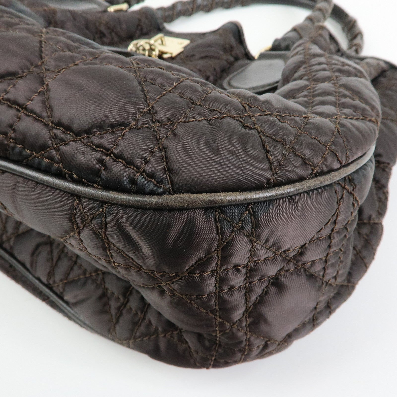 Christian Dior Lady Dior Cannage Nylon Leather Hand Bag Tote Bag Brown