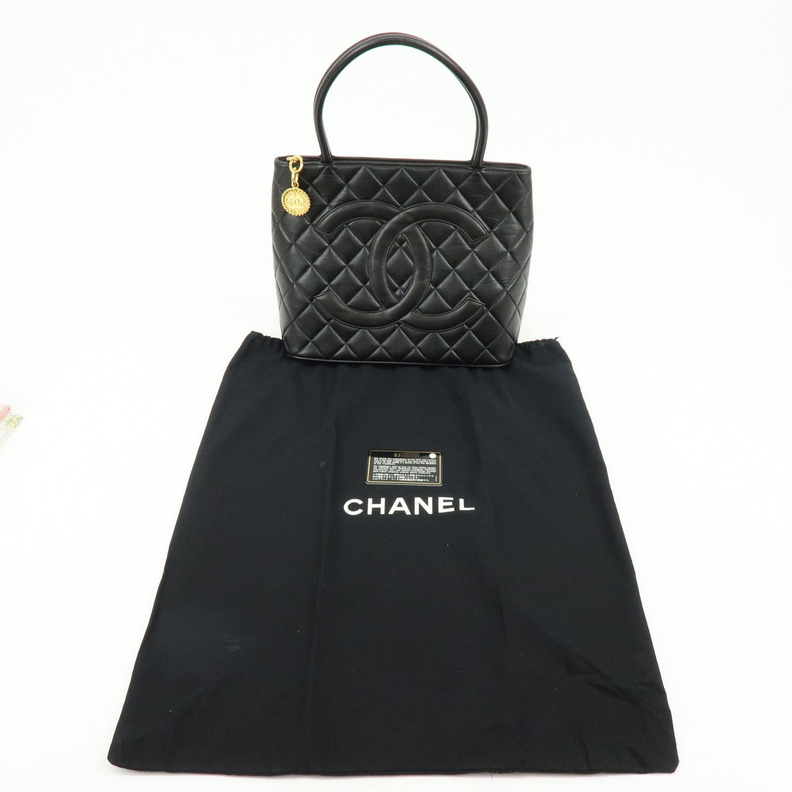 CHANEL Matelasse COCO Mark Calf Skin Medallion Tote Bag Black A01804