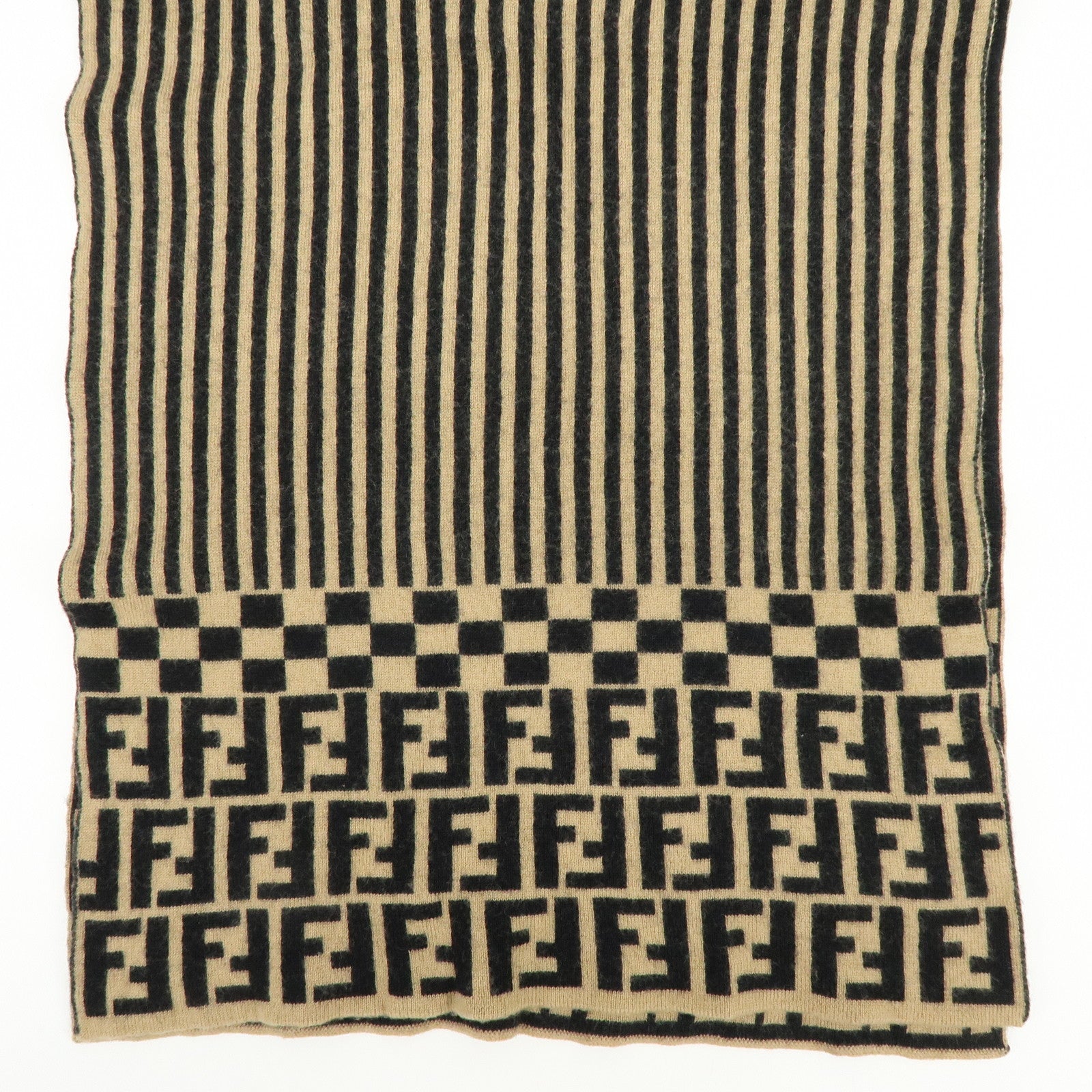 FENDI Zucca FF Logo Wool 100% Scarf Stole Stripe Beige Black