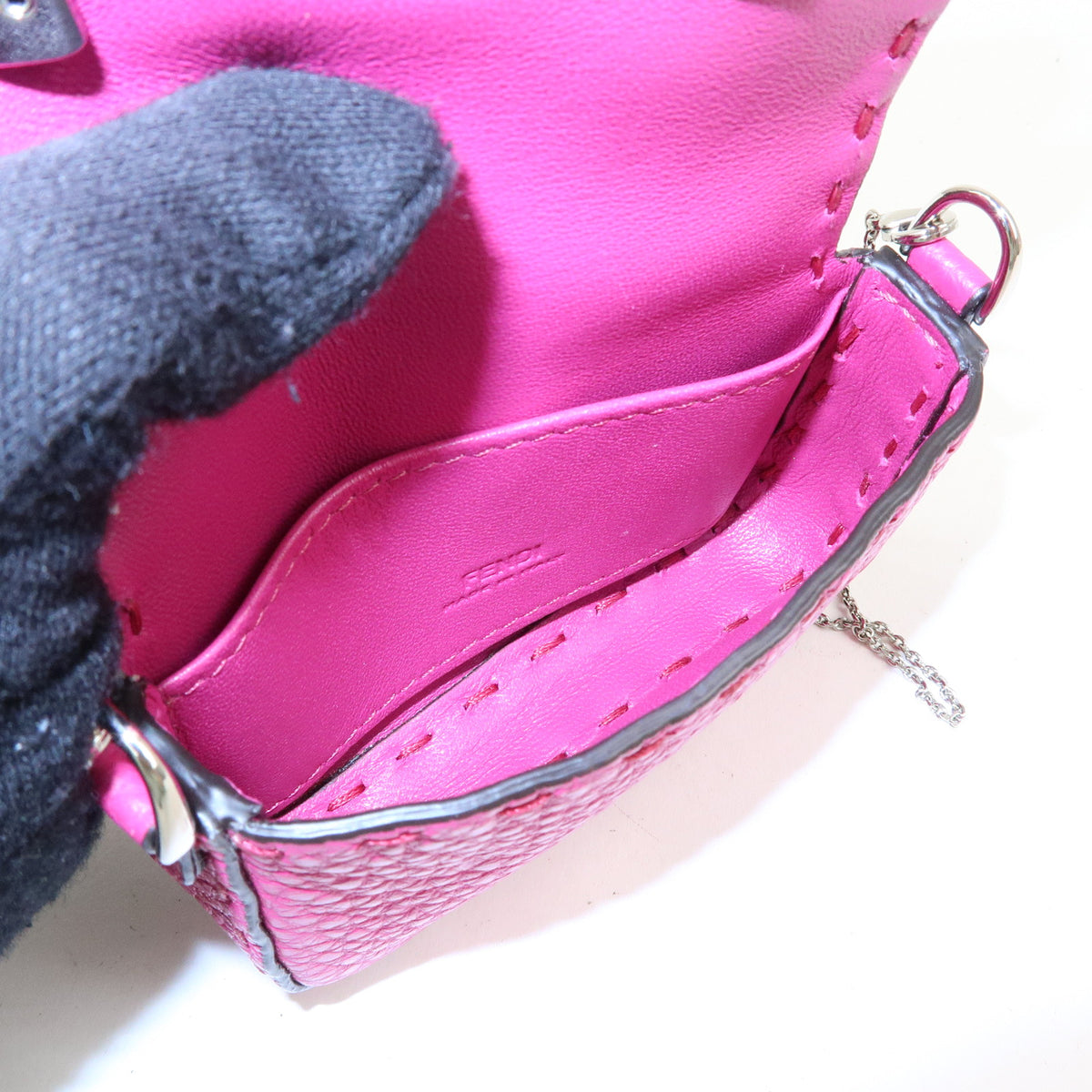 FENDI Nano Baguette  Leather Mini Chain Shoulder Bag Charm Pink 7AS045