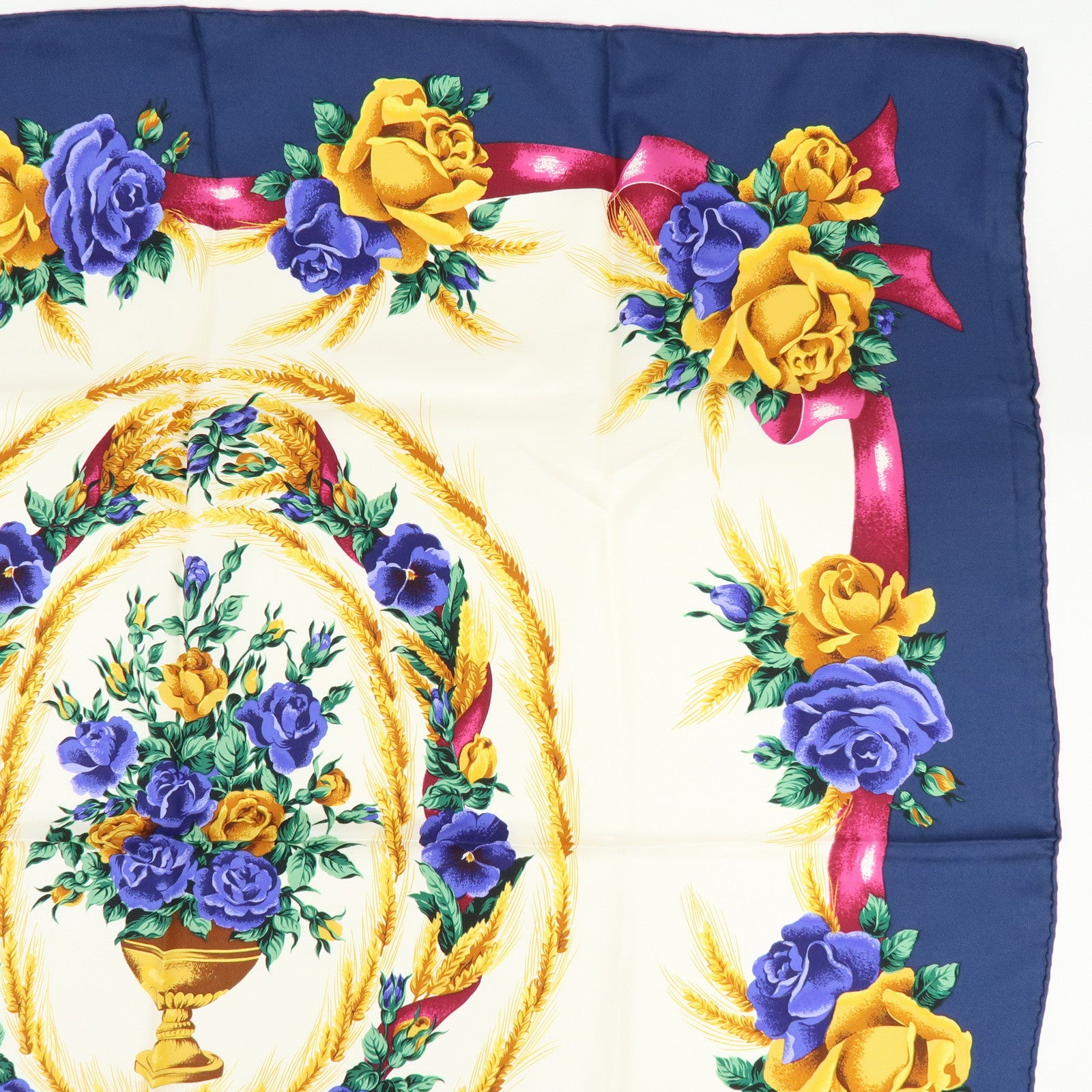 Christian Dior Silk 100% Scarf Flower Wheat Motif Navy Purple Gold