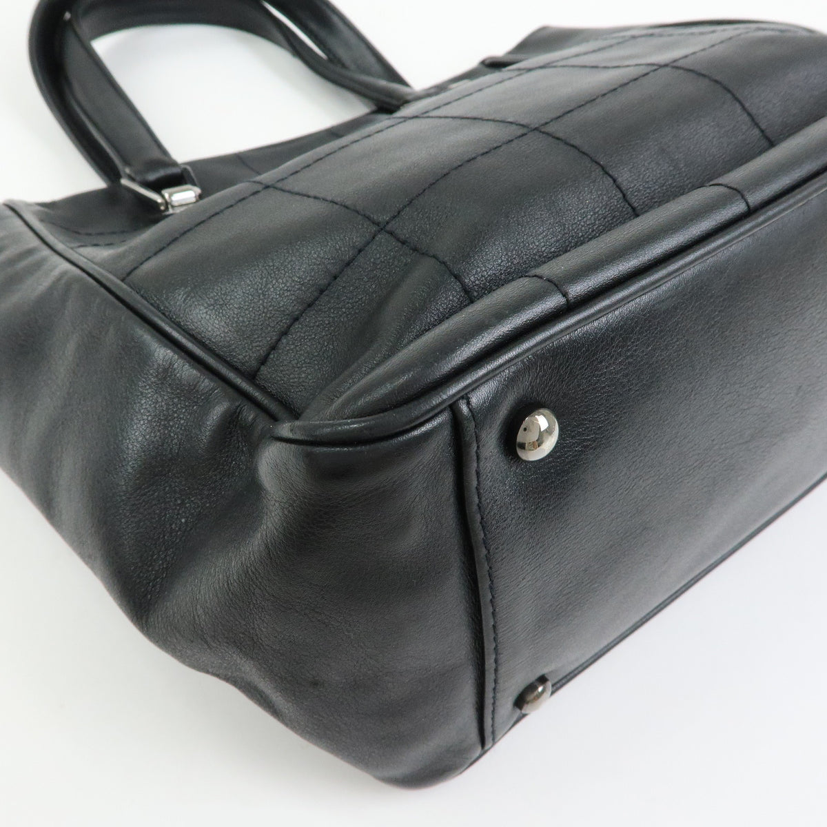 CHANEL Chocolate Bar COCO Mark Lamb Skin Hand Bag Tote Bag Black