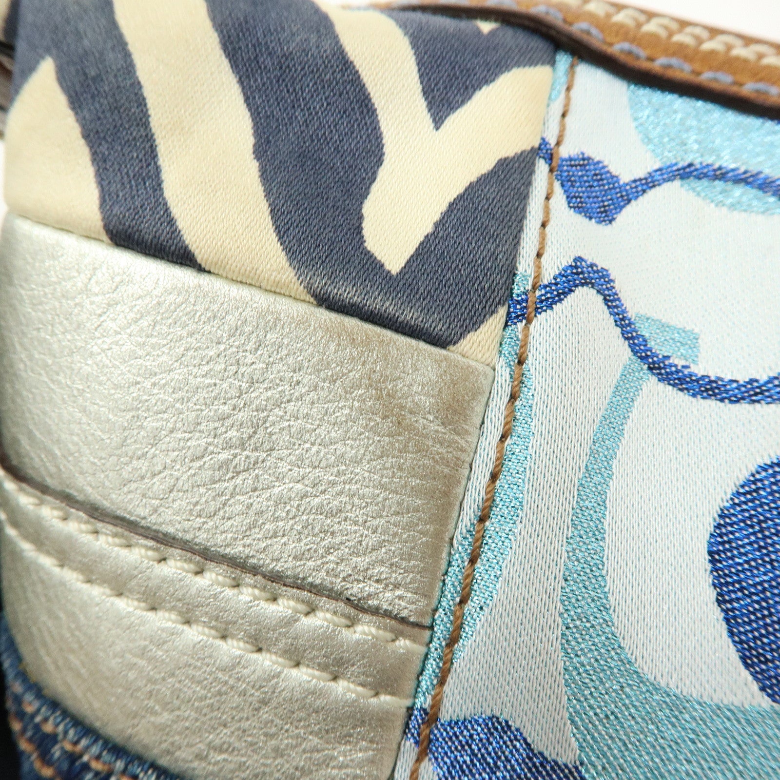 COACH Sigunature Canvas Silk Leather Patchwork Shoulder Bag Blue Brown