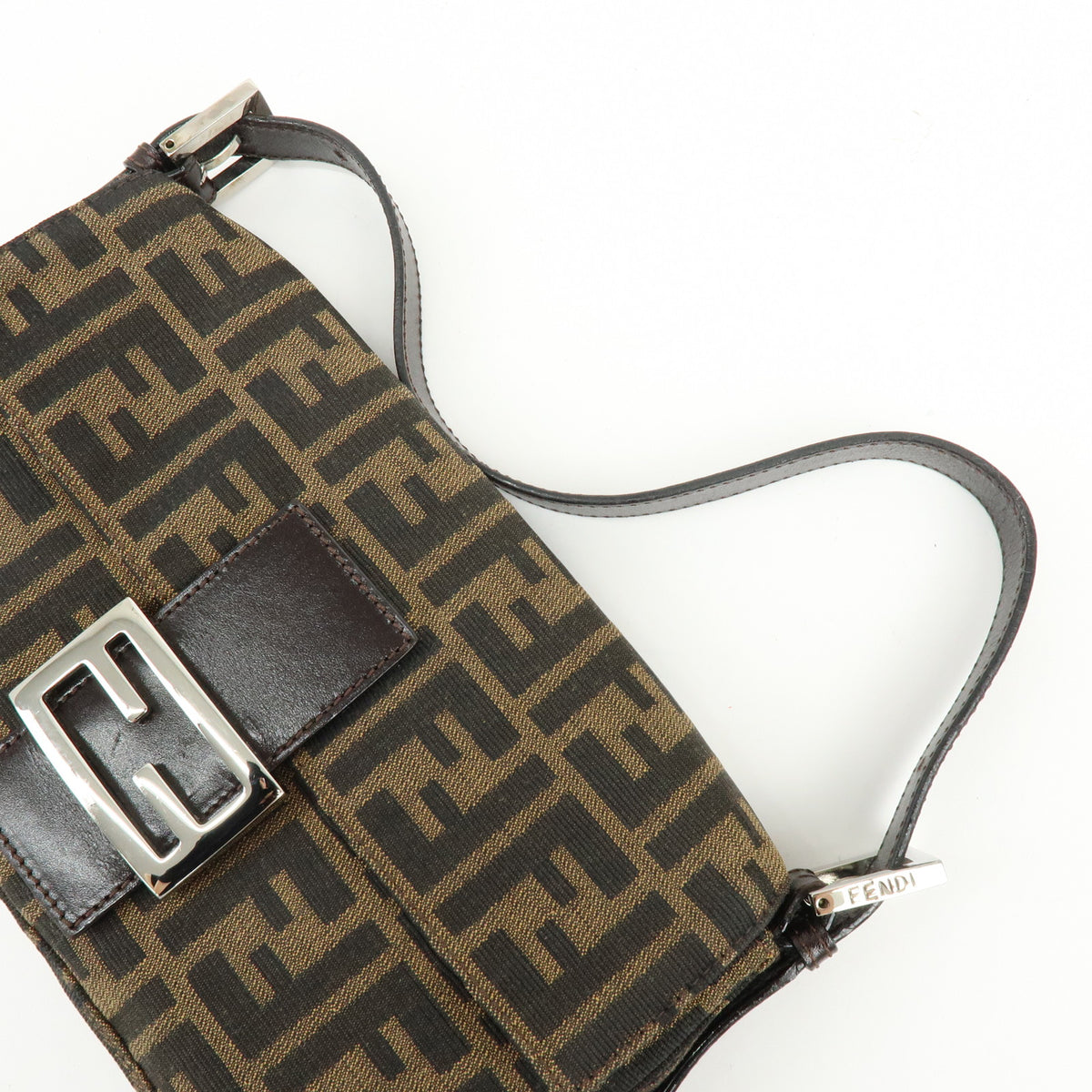 FENDI Mamma Baguette Zucca Canvas Leather Shoulder Bag Brown 26424