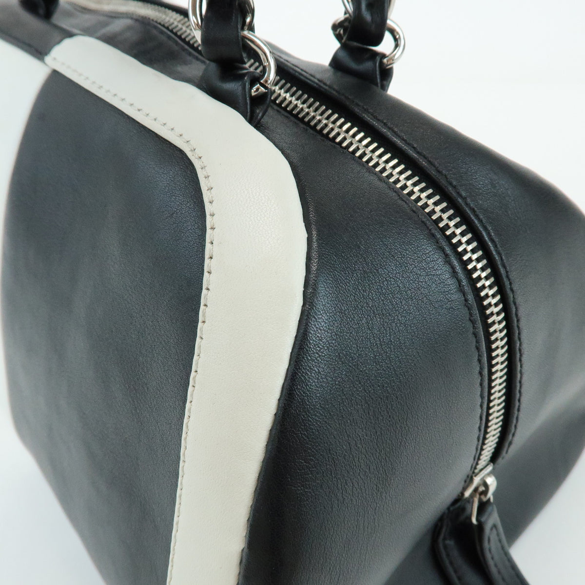 CHANEL COCO Mark Bicolor Lamb Skin Bowling Bag Hand Bag Black White