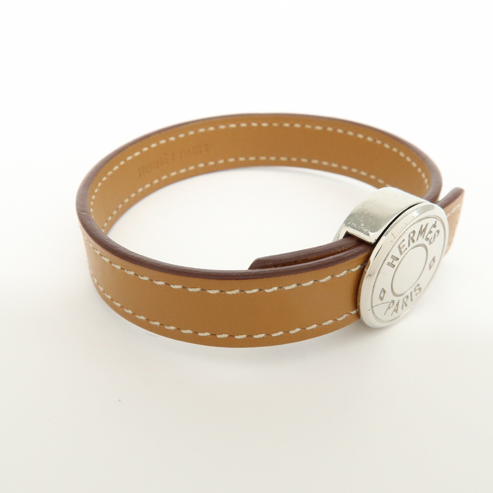 HERMES Serie Looping Leather Metal Bracelet Brown Black Silver