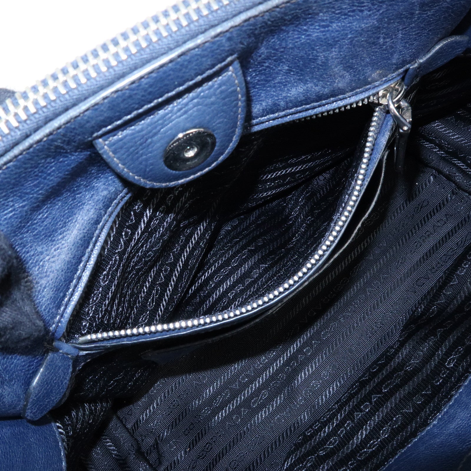 PRADA Triangle Logo Leather 2Way Bag Tote Bag Hand Bag Navy B2625M