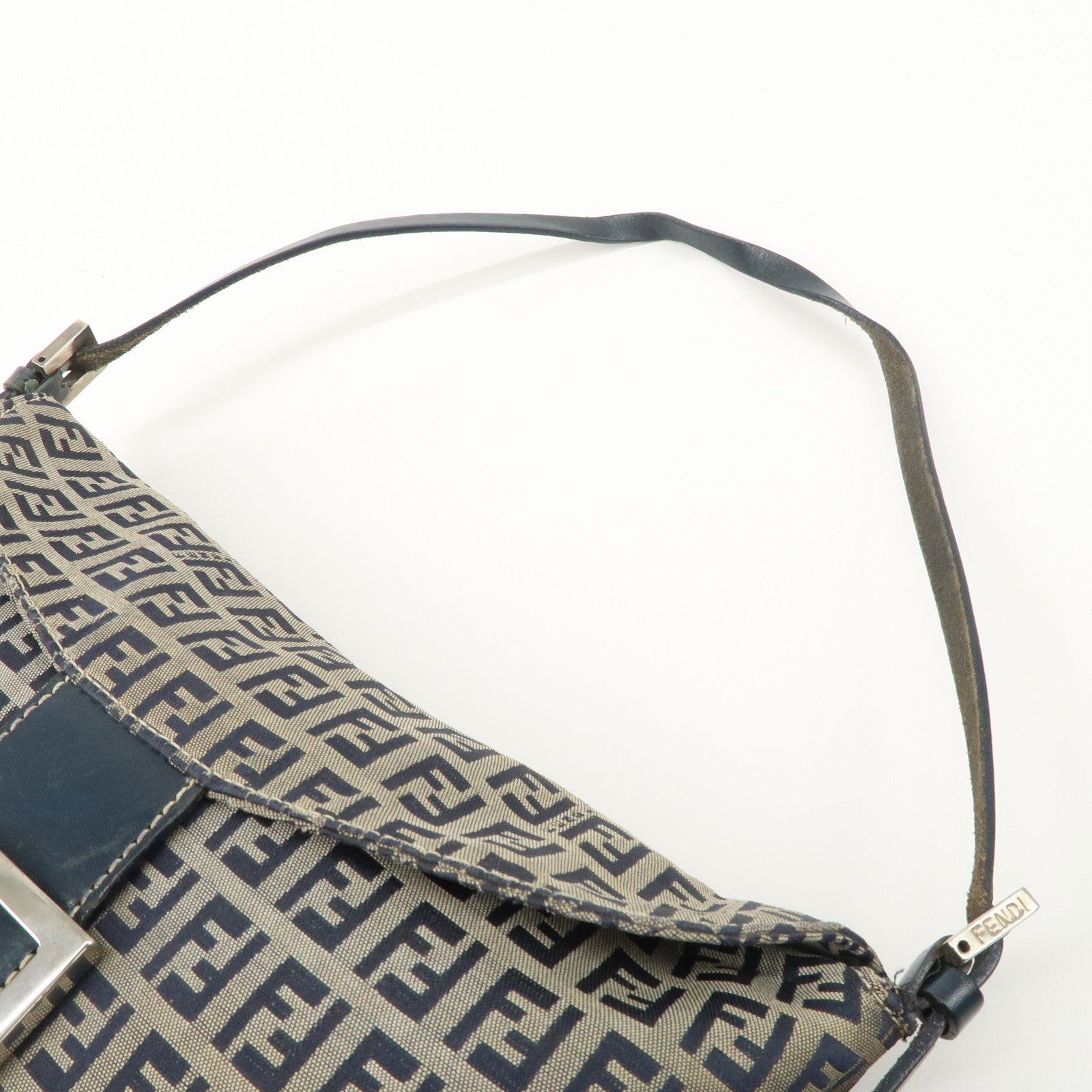 FENDI Zucchino Canvas Leather Shoulder Bag Hand Bag Grey Navy 26796 Used
