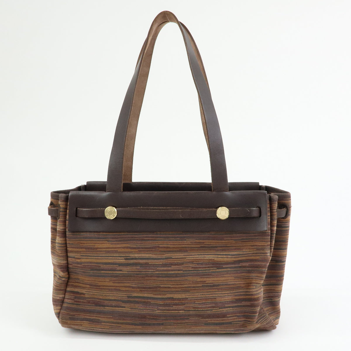 HERMES Herline Cabas PM Vivrato Leather Hand Bag □G Stamped Brown Black