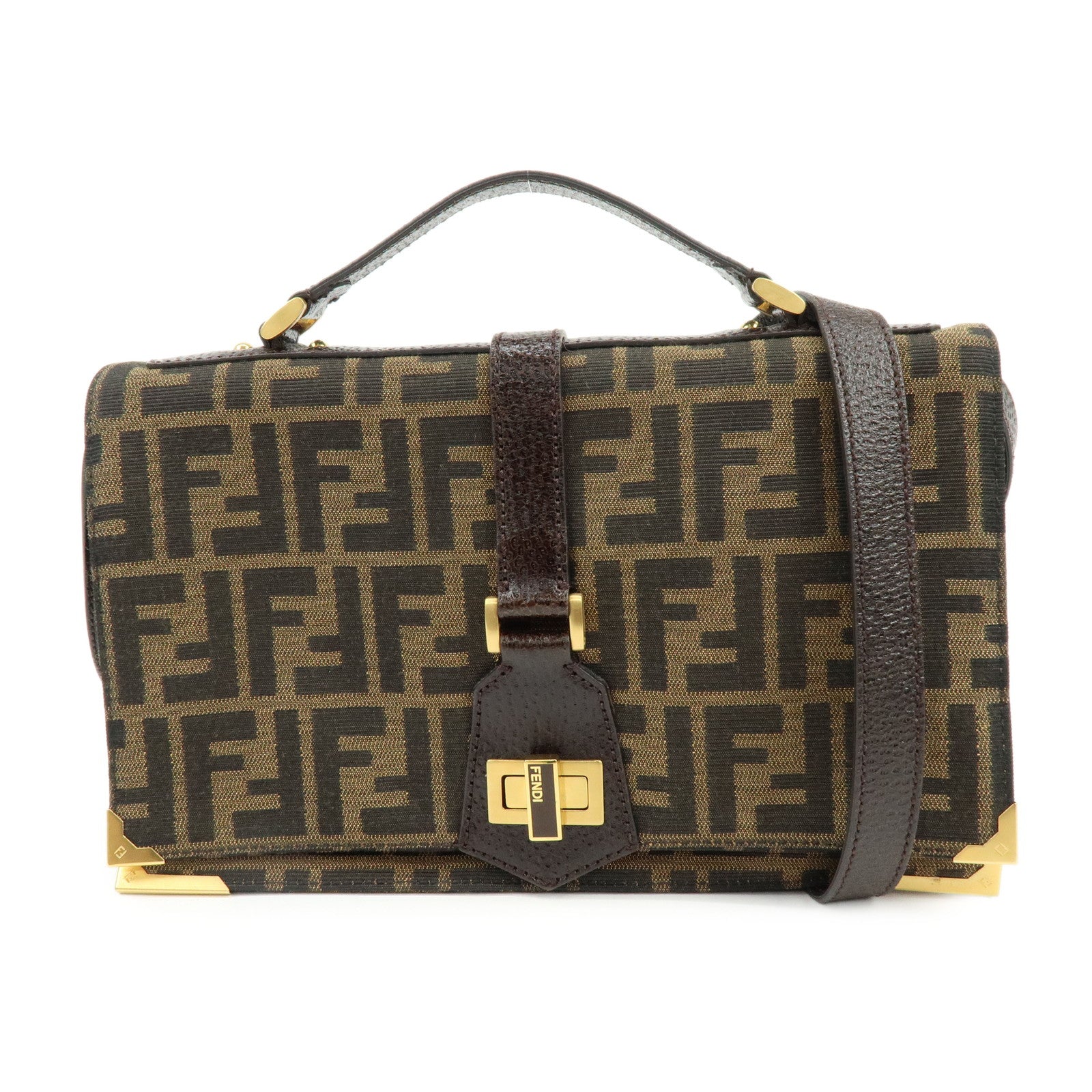 FENDI Zucca Canvas Leather Shoulder Bag Crossbody Bag Brown 8BT169