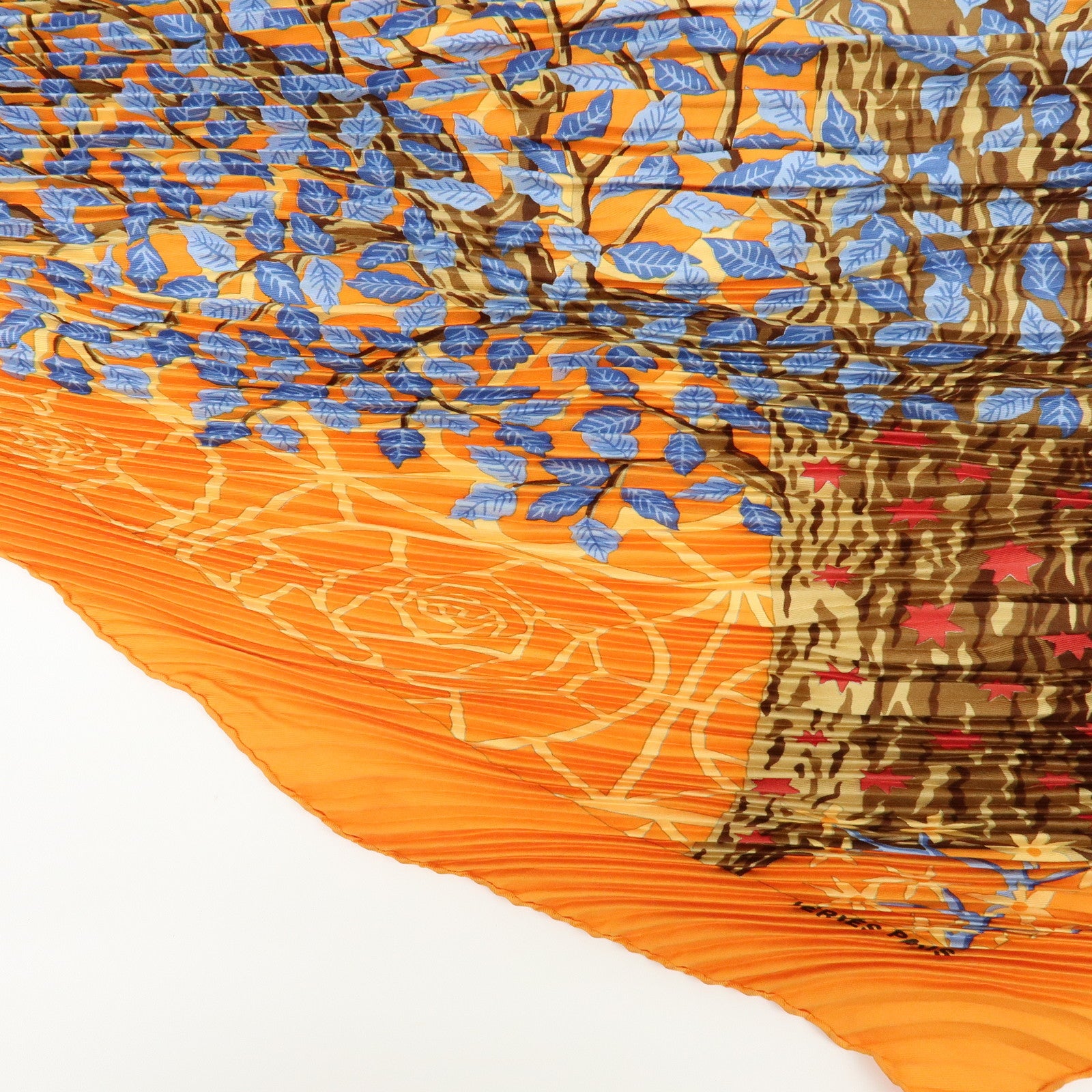 HERMES Pleated Carre Silk 100% Scarf AXIS MUNDI Orange Light Blue