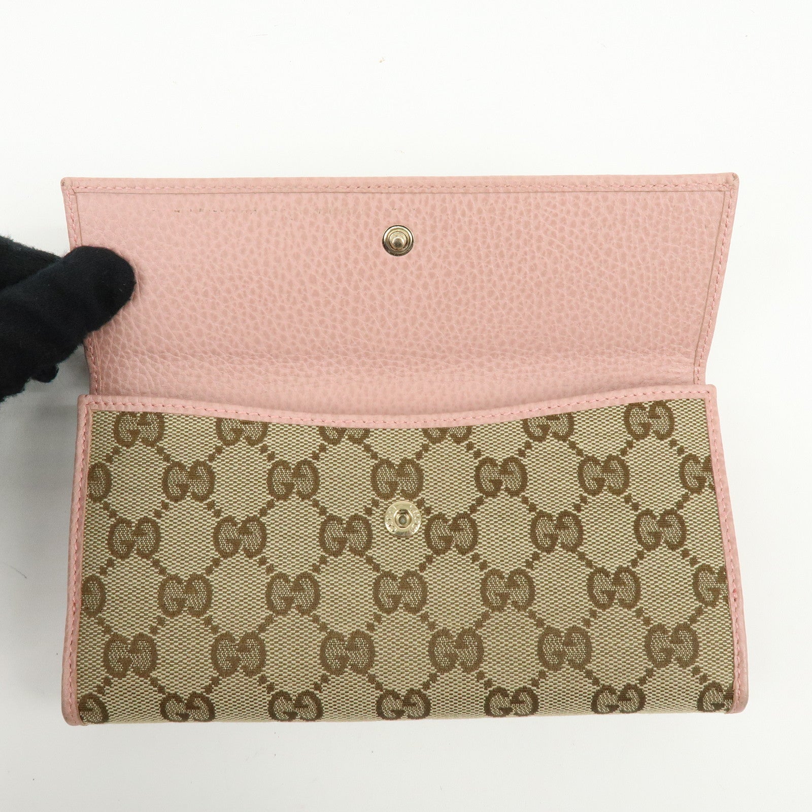 GUCCI GG Canvas Leather W Hook Bi-fold Long Wallet Beige Pink 231841