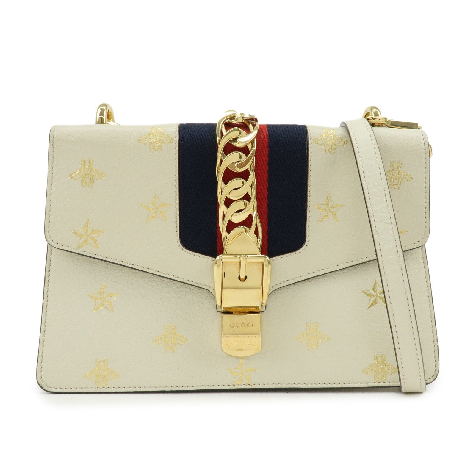 GUCCI Sylvie Sherry Calf Leather Shoulder Bag Ivory Bee & Star 524405