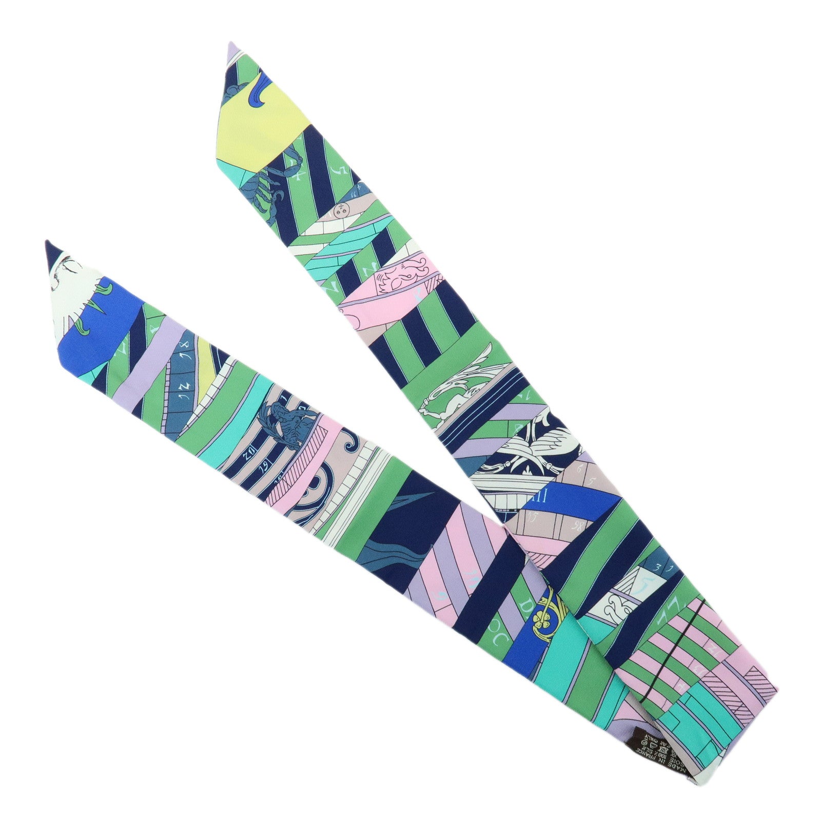 HERMES Twilly Silk 100% Scarf ASTROLOGIE NOUVELLE Green Blue Pink