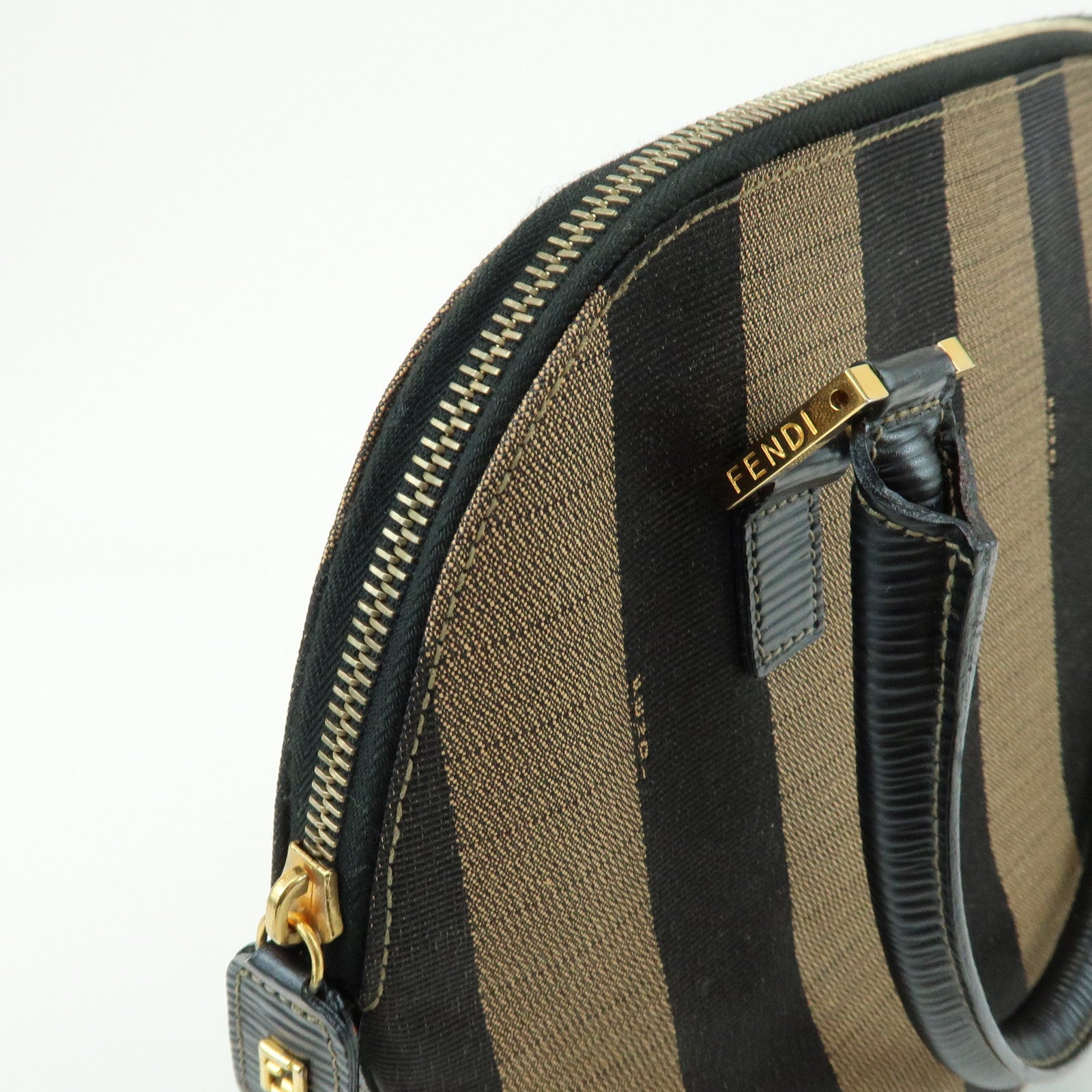 FENDI Pequin Canvas Embossed Leather 2Way Bag Hand Bag Brown