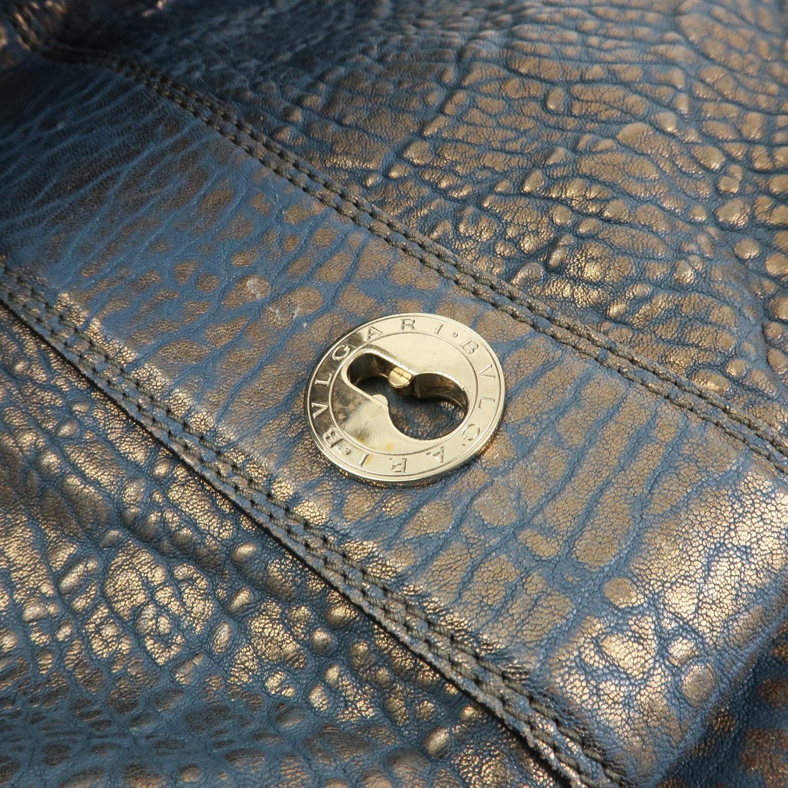 BVLGARI Leoni  Leather Top Handle 2Way Bag Shoulder Bag Blue Bronze